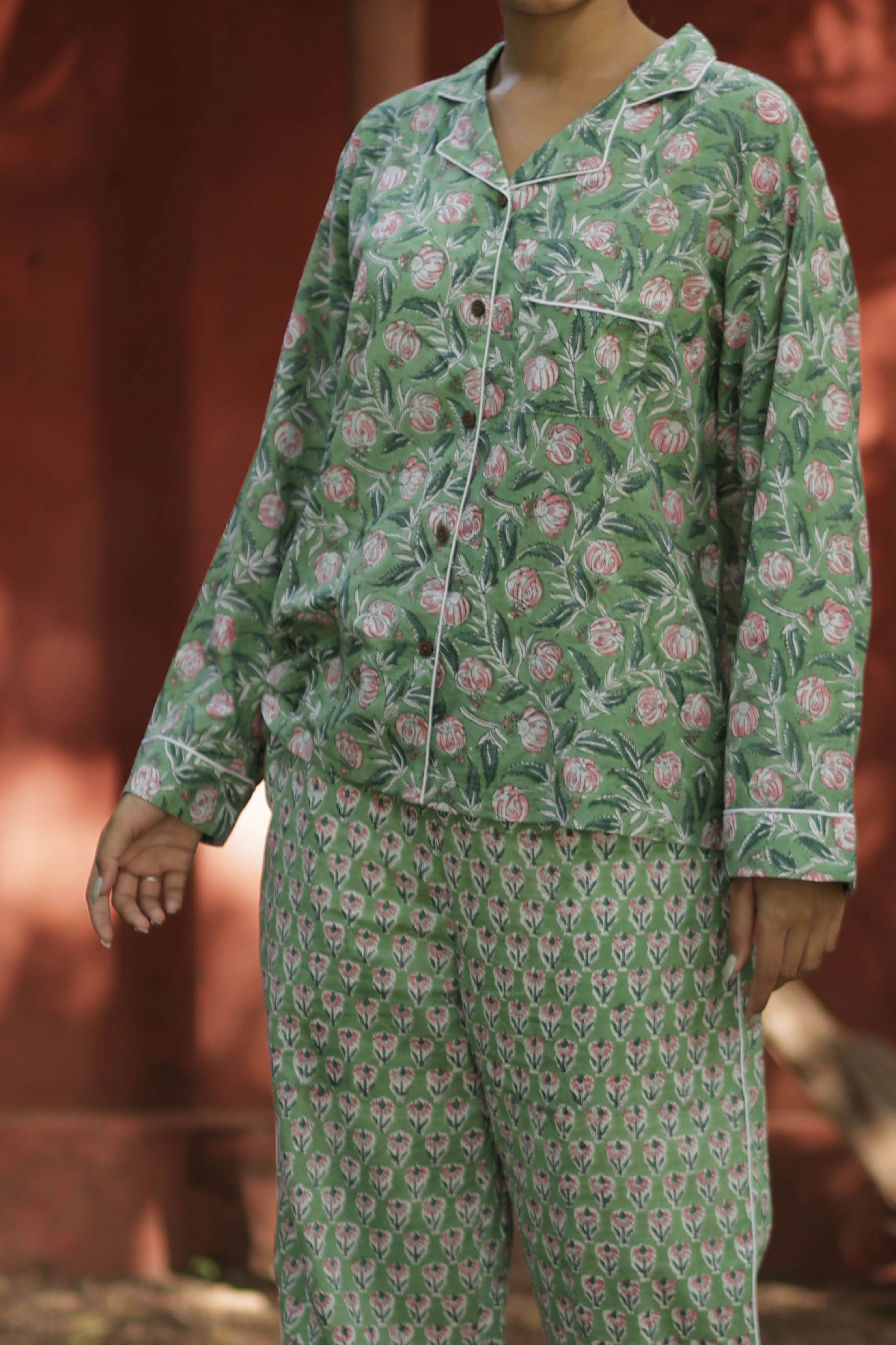 Handblock Floral Cotton Pajama Set for Women, Soft Lightweight Nightwear, Breathable Luxury PJs with Pockets, Holiday Co-Ord Set