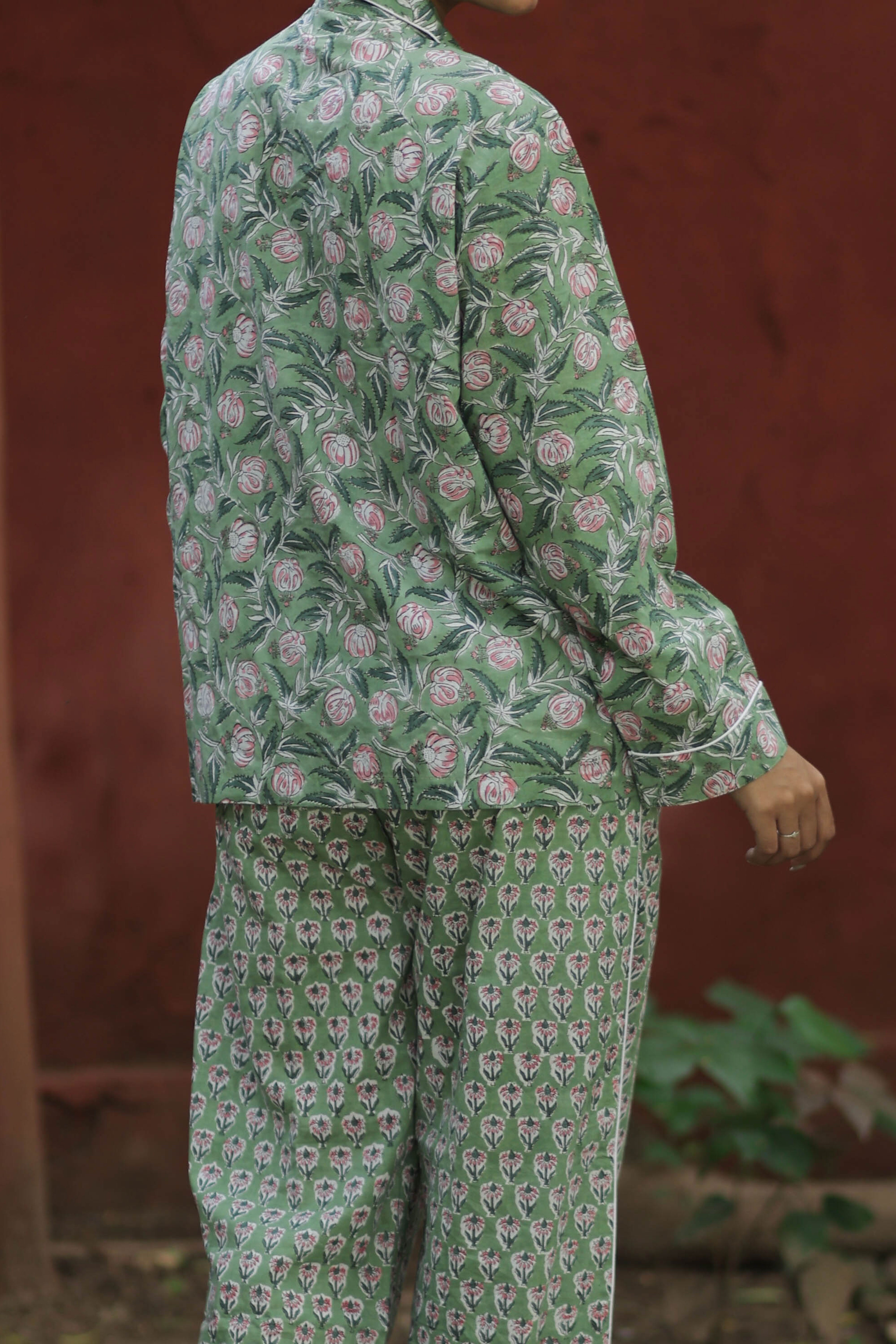 Handblock Floral Cotton Pajama Set for Women, Soft Lightweight Nightwear, Breathable Luxury PJs with Pockets, Holiday Co-Ord Set