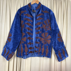 Boho Hand Embroidered Velvet Suzani Jacket, Blue Floral Open Front Coat Winter Wear Free Size Robe Retro Chic Free Size Robe Blazer for Her