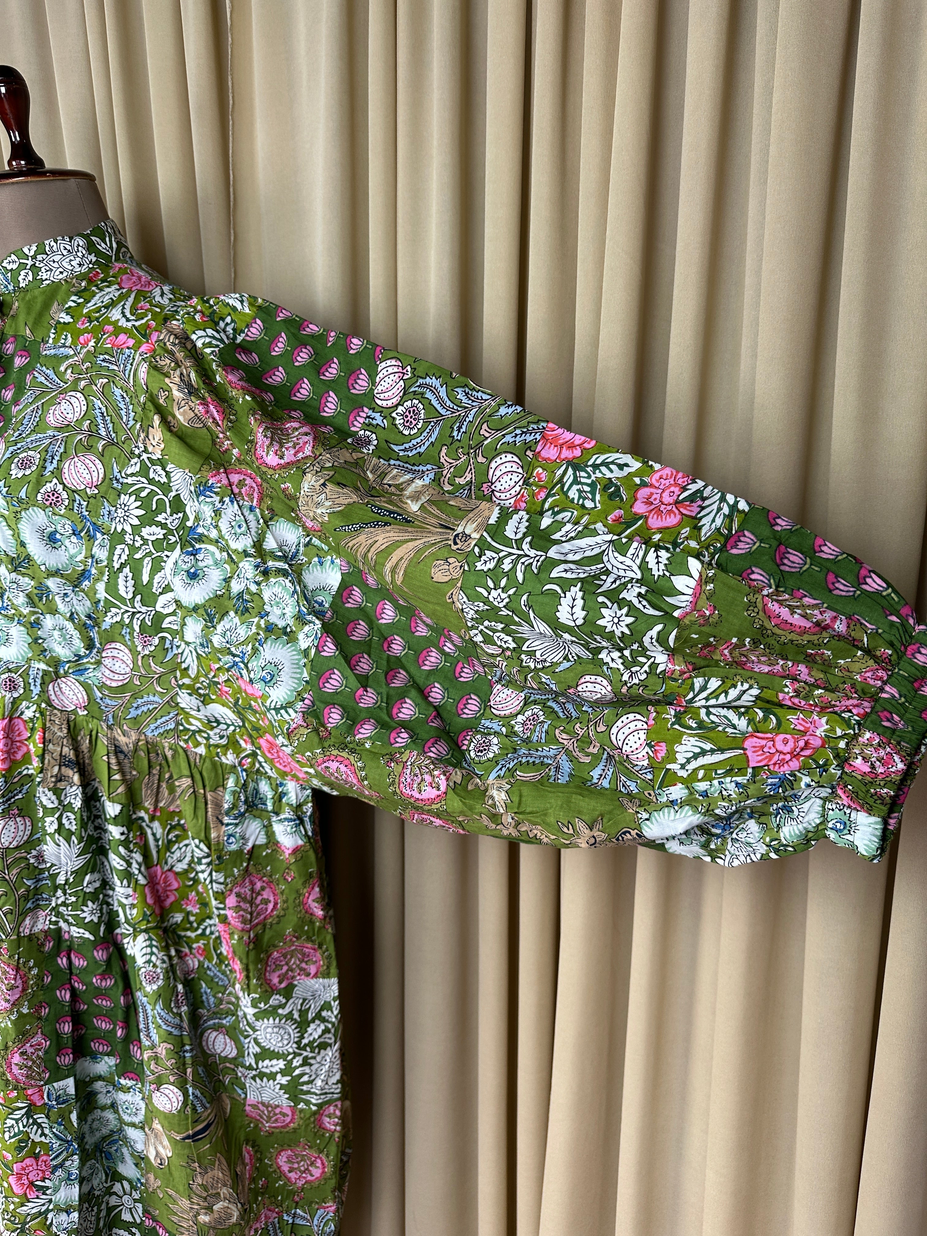 Green Patchwork Cotton Dress: Hand-Stitched Block Print, Fits XXL