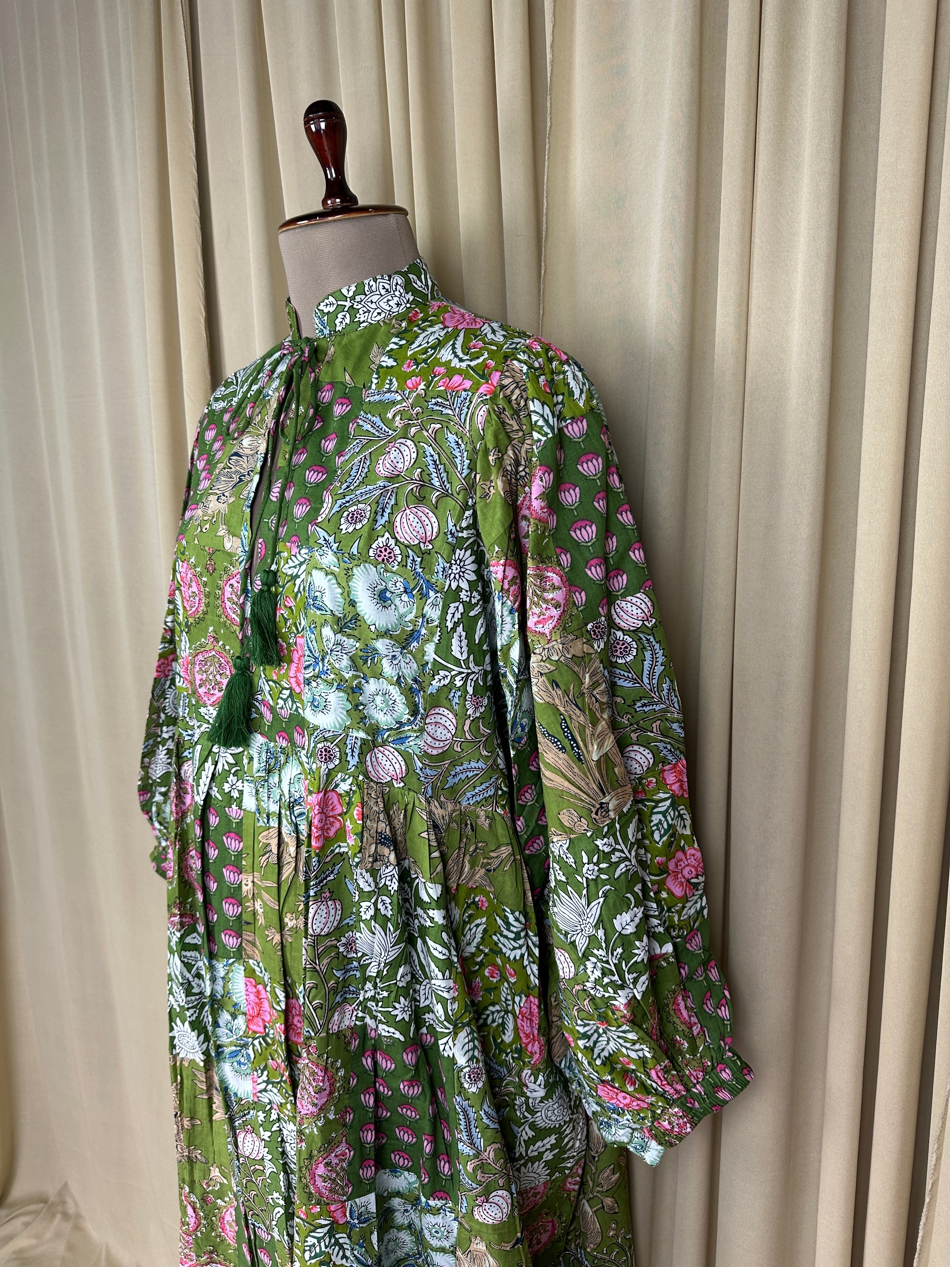 Green Patchwork Cotton Dress: Hand-Stitched Block Print, Fits XXL