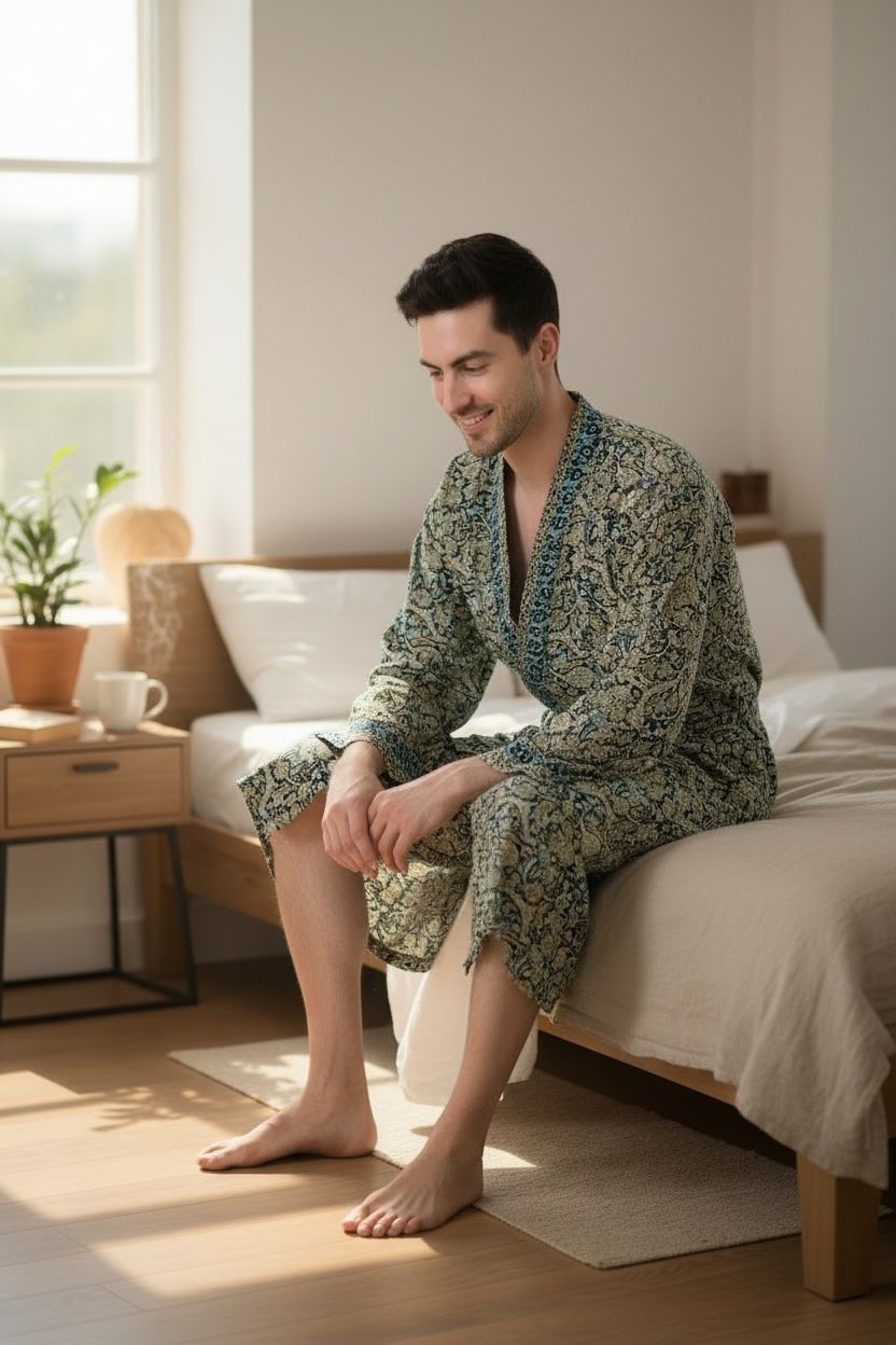 Boho Men's Soft Silk Kimono, Man Regal House Beach Robe, Floral Persian King Elegant Blue Beige Hues Beach Cover Up, Perfect Gift for Dad