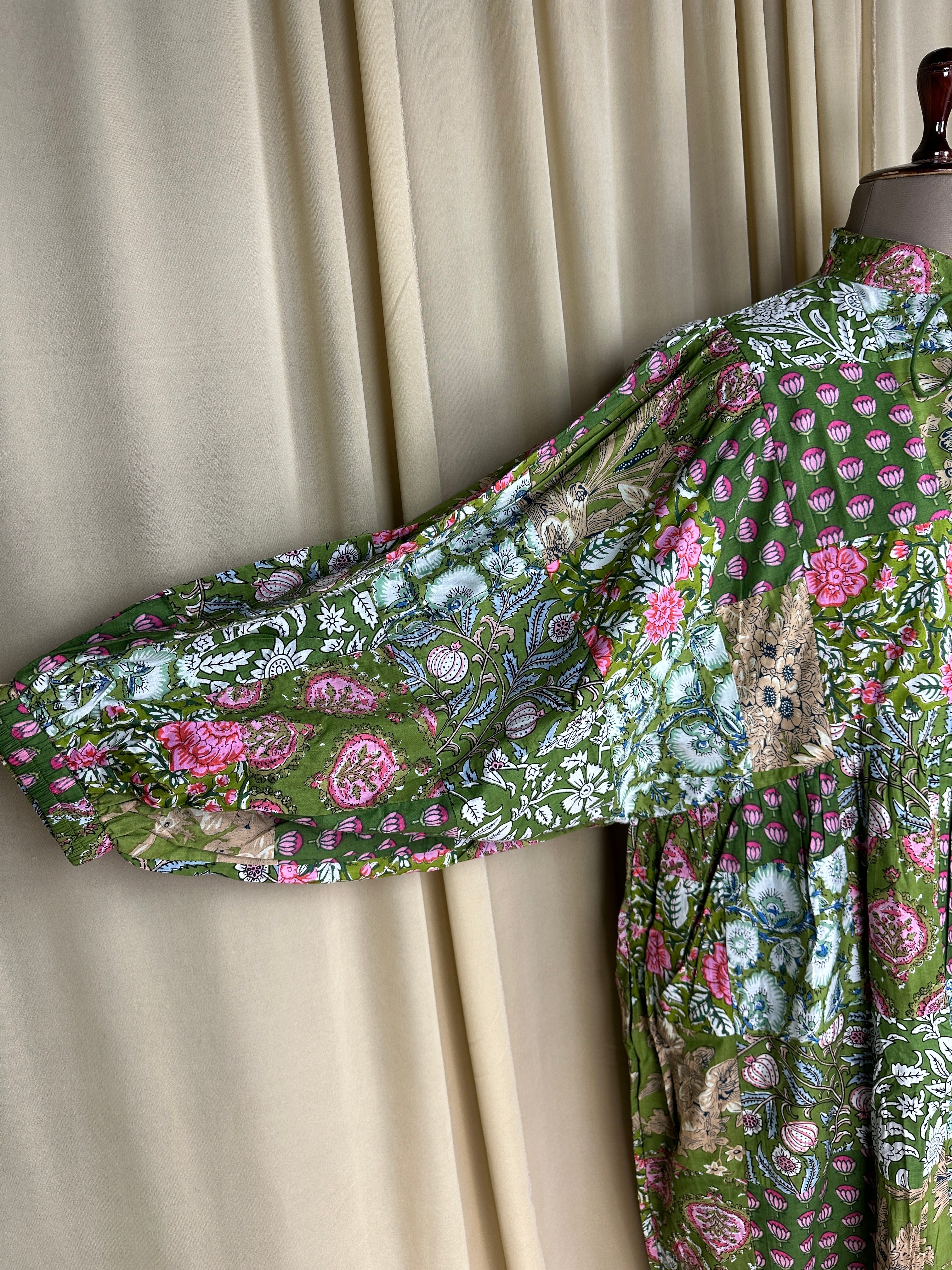Green Patchwork Cotton Dress: Hand-Stitched Block Print, Fits XXL