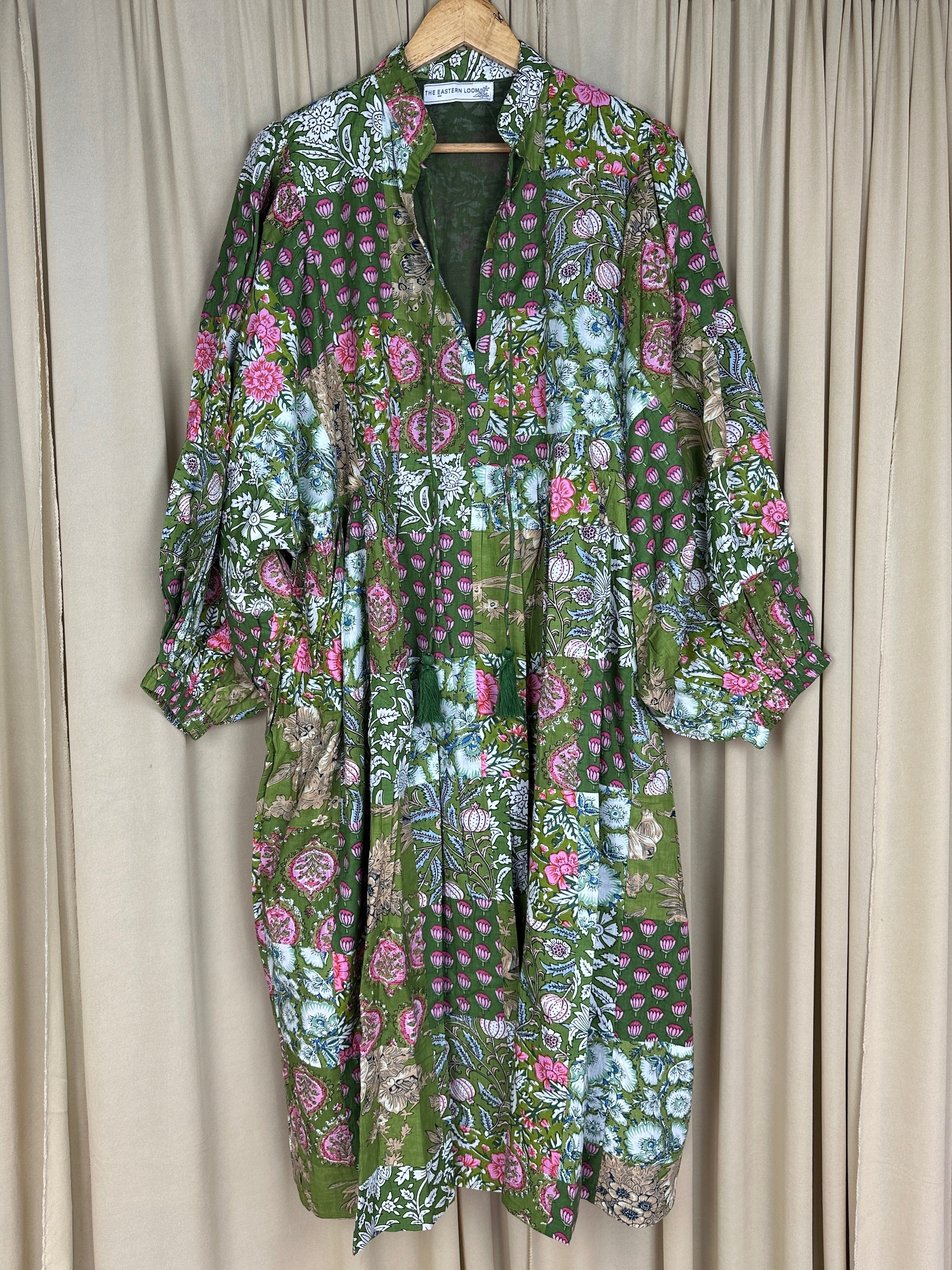 Green Patchwork Cotton Dress: Hand-Stitched Block Print, Fits XXL