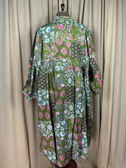 Green Patchwork Cotton Dress: Hand-Stitched Block Print, Fits XXL
