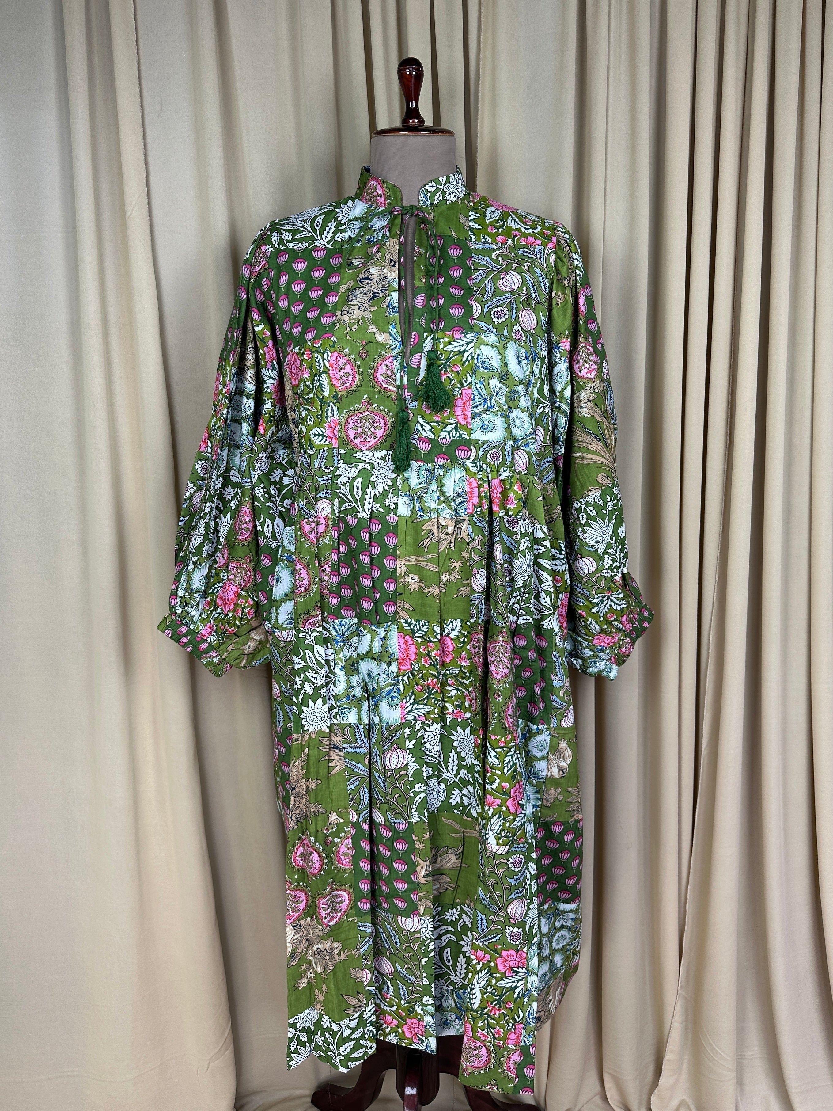 Green Patchwork Cotton Dress: Hand-Stitched Block Print, Fits XXL
