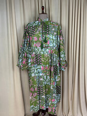 Green Patchwork Cotton Dress: Hand-Stitched Block Print, Fits XXL