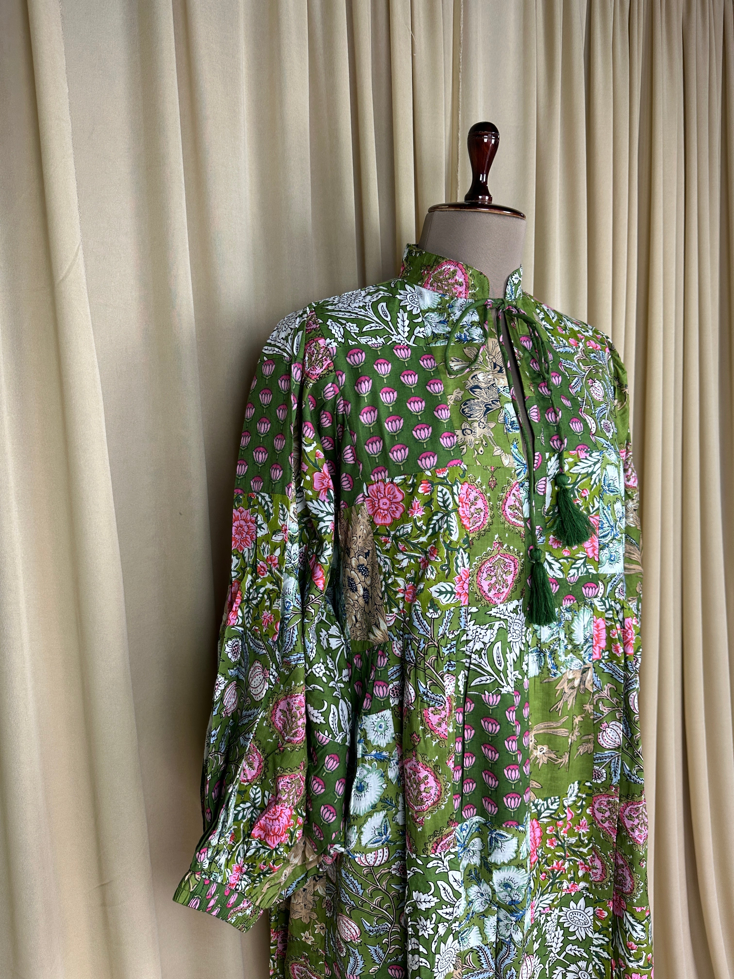 Green Patchwork Cotton Dress: Hand-Stitched Block Print, Fits XXL