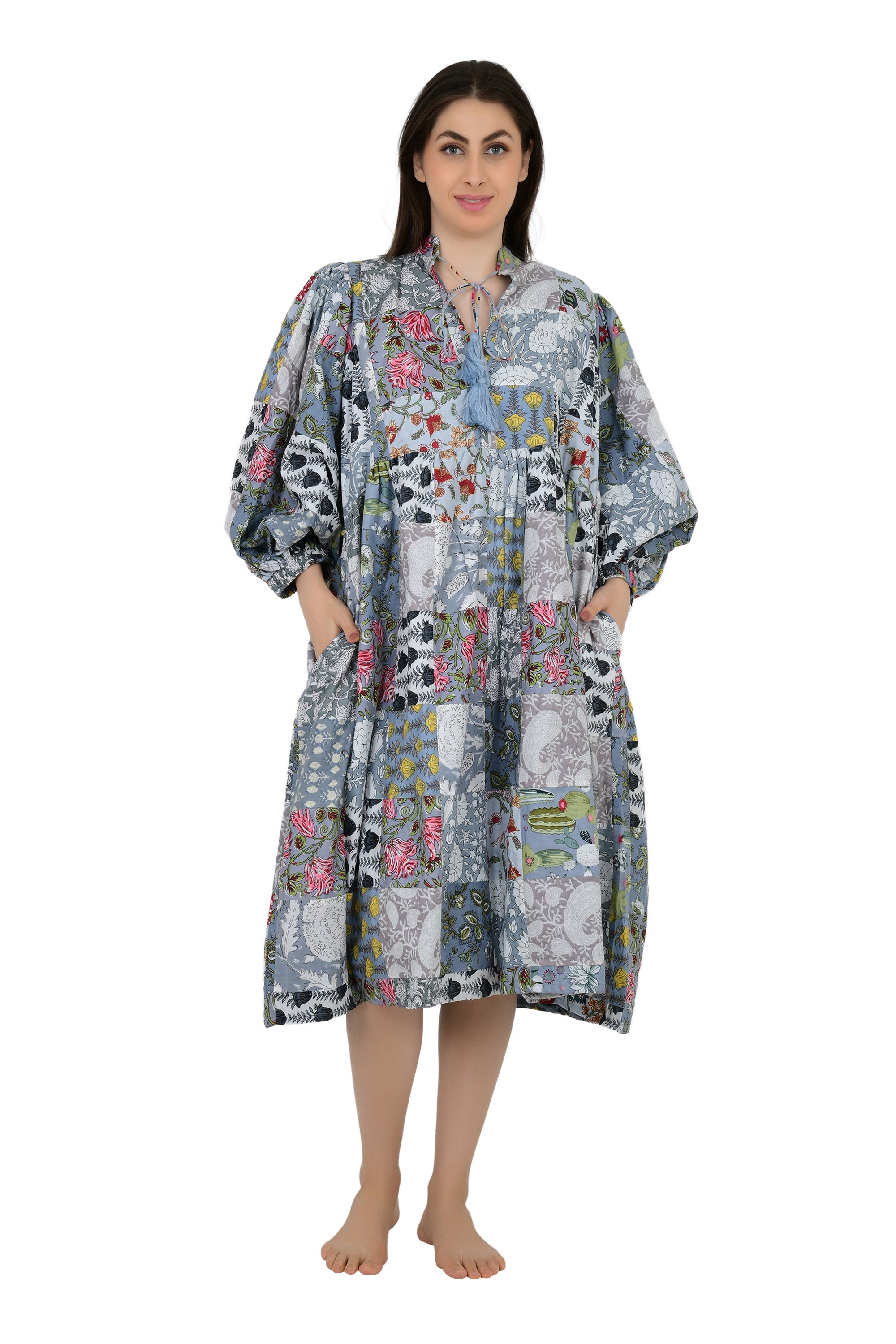 Boho Maxi Dress With Sleeves | Handmade Patchwork Long Flowy Beach Dress, One-of-a-kind Elegant Retro Outfit, Modest Gown with Pockets