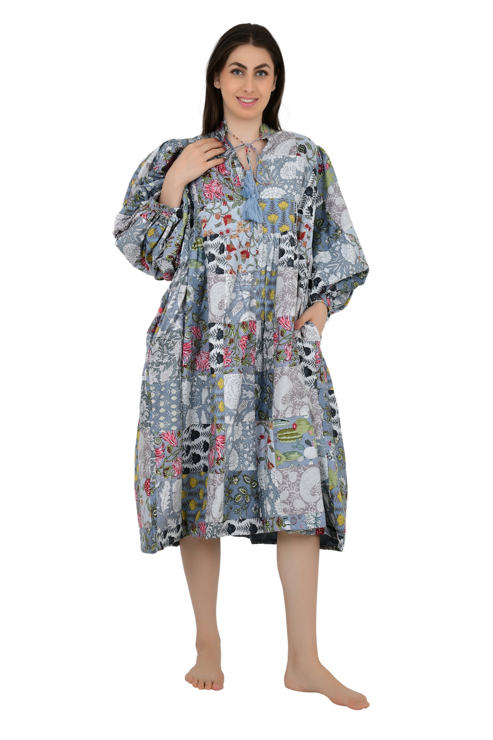 Boho Maxi Dress With Sleeves | Handmade Patchwork Long Flowy Beach Dress, One-of-a-kind Elegant Retro Outfit, Modest Gown with Pockets