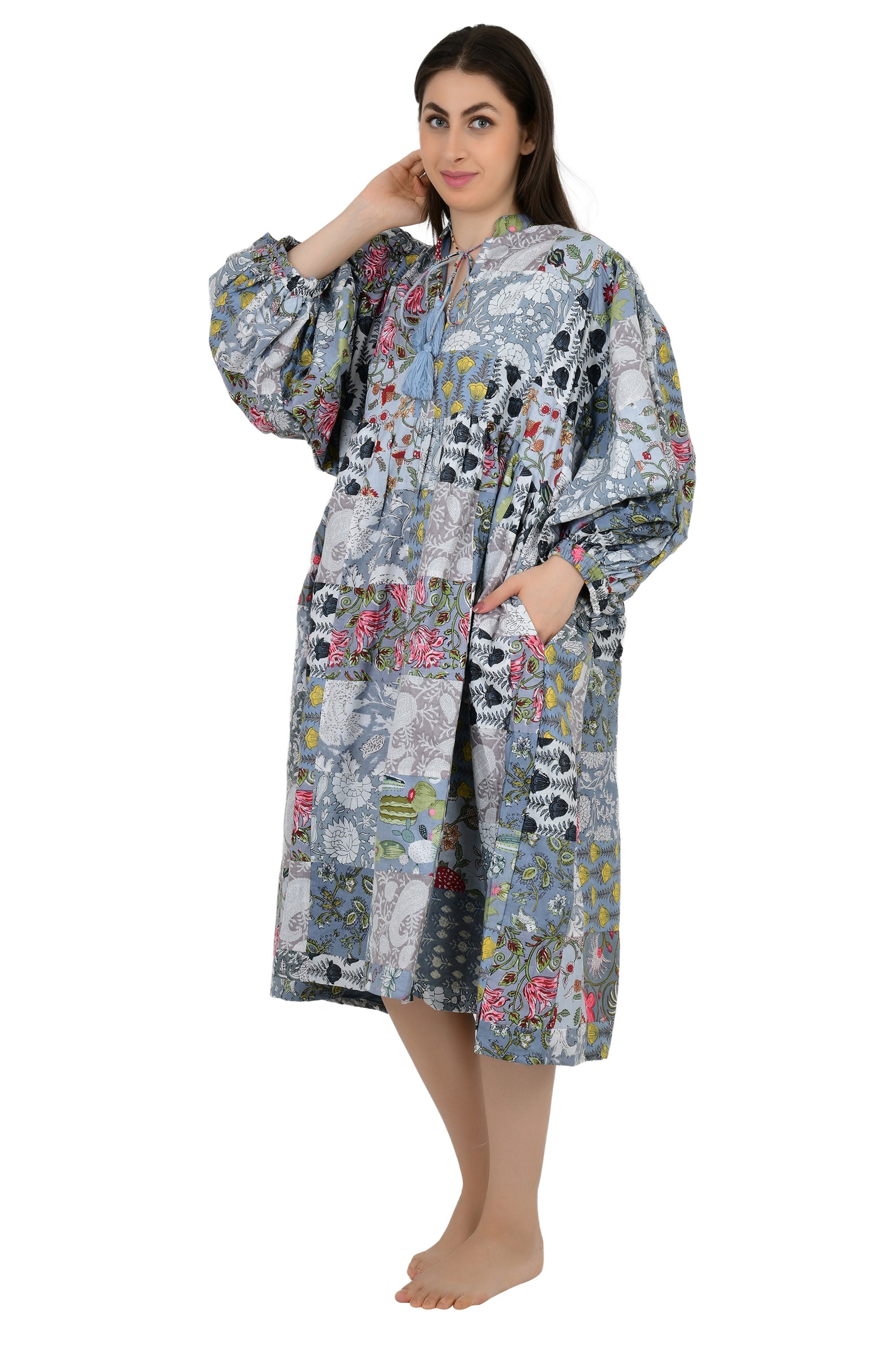 Boho Maxi Dress With Sleeves | Handmade Patchwork Long Flowy Beach Dress, One-of-a-kind Elegant Retro Outfit, Modest Gown with Pockets