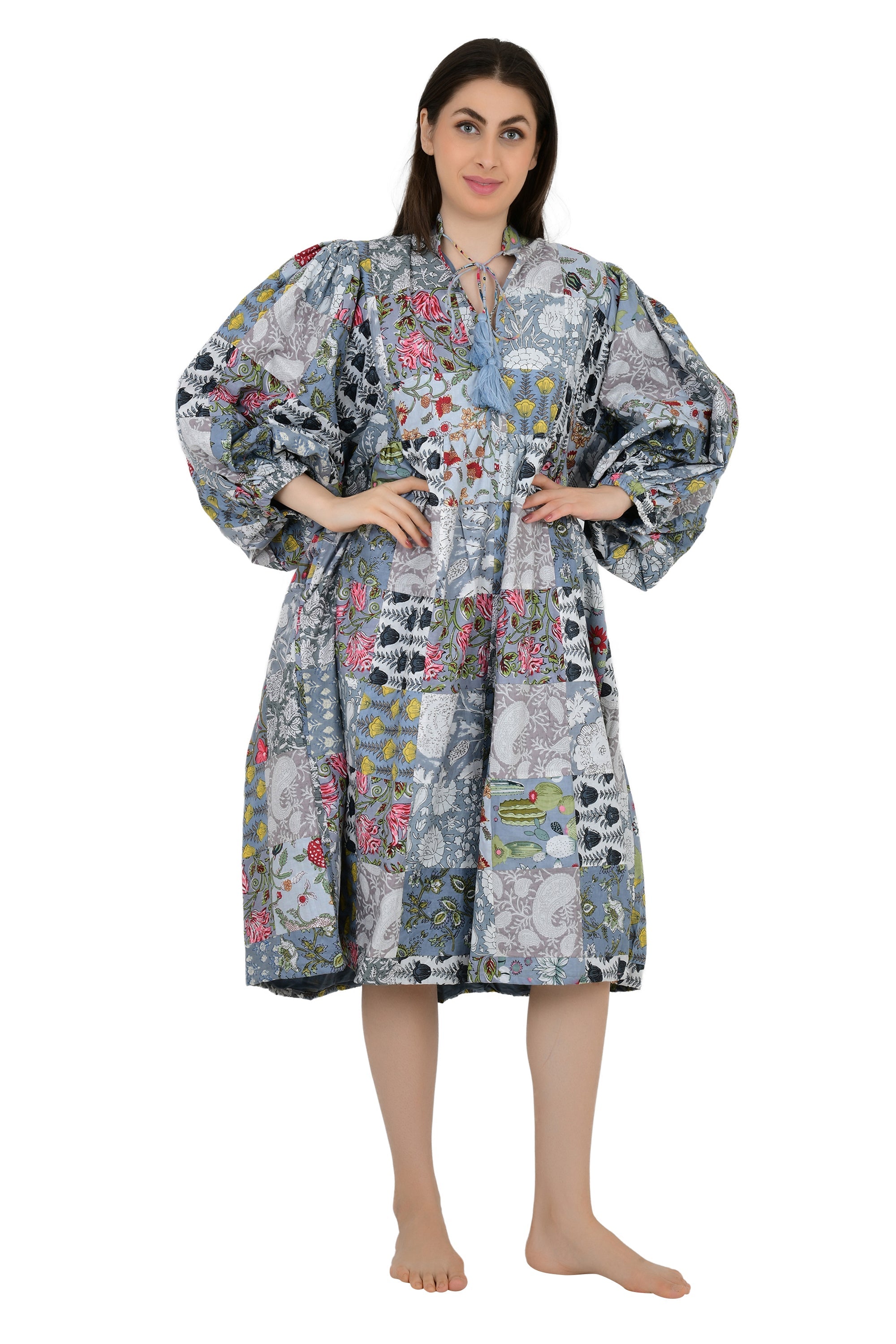 Boho Maxi Dress With Sleeves | Handmade Patchwork Long Flowy Beach Dress, One-of-a-kind Elegant Retro Outfit, Modest Gown with Pockets