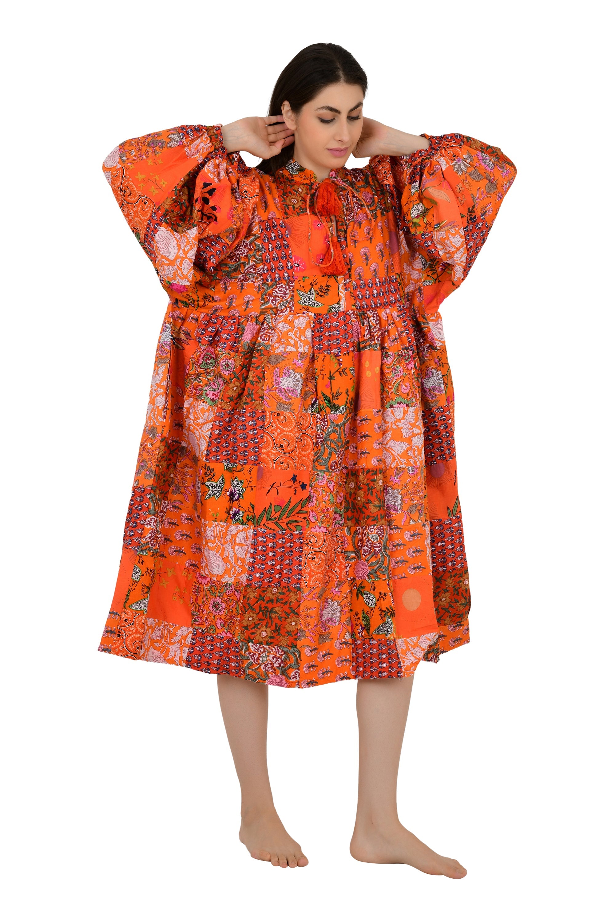 Boho Maxi Dress With Sleeves | Handmade Patchwork Long Flowy Beach Dress, One-of-a-kind Elegant Retro Outfit, Modest Gown with Pockets