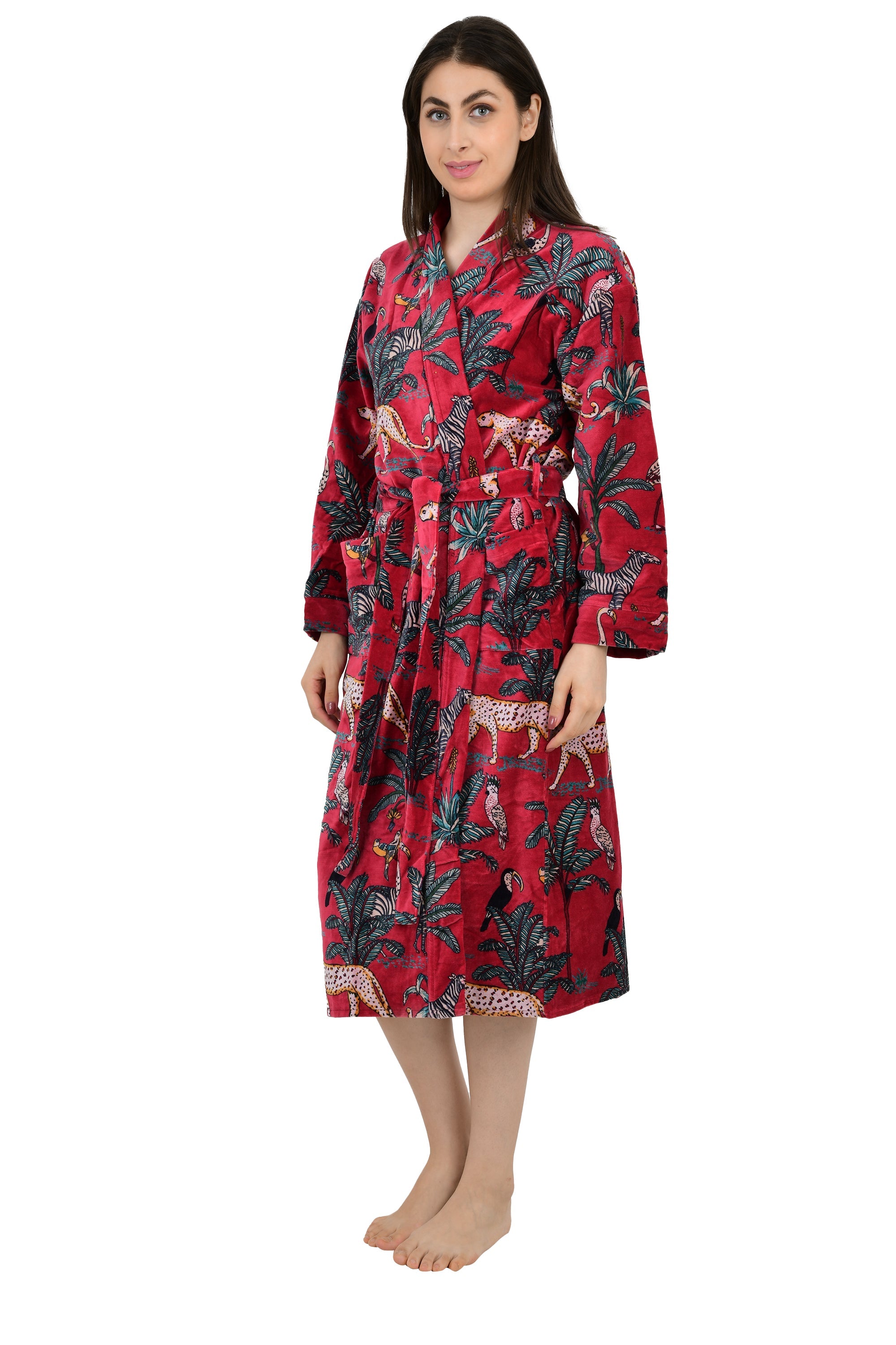Luxury Velvet Kimono Robe: Reversible Silk-Lined Animal Print