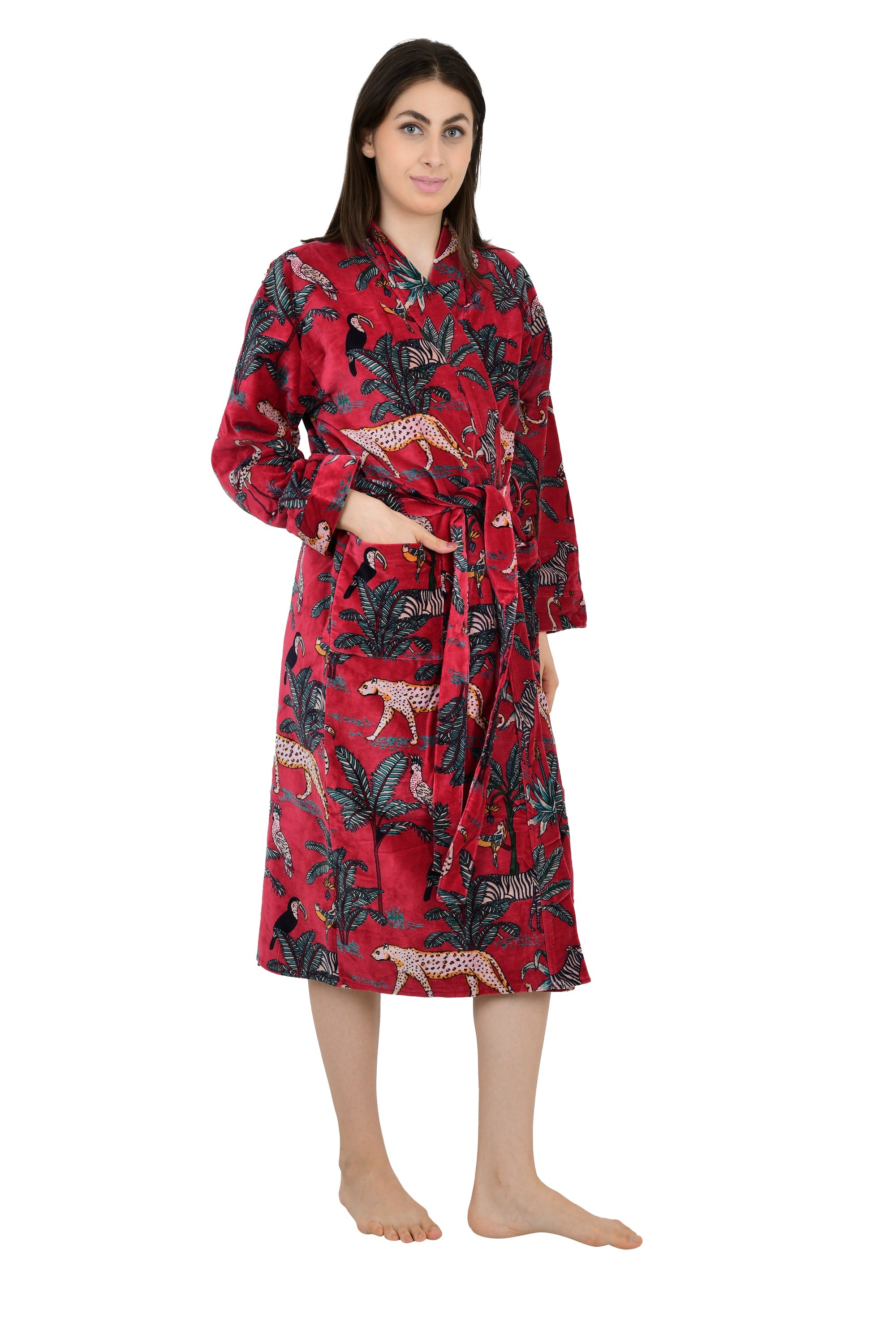 Luxury Velvet Kimono Robe: Reversible Silk-Lined Animal Print