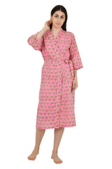 Boho House Robe Indian Handprinted Cotton Kimono Pink Yellow Floral | Perfect for Summer Luxury Beach Holidays Yacht Cover Up Stunning Dress