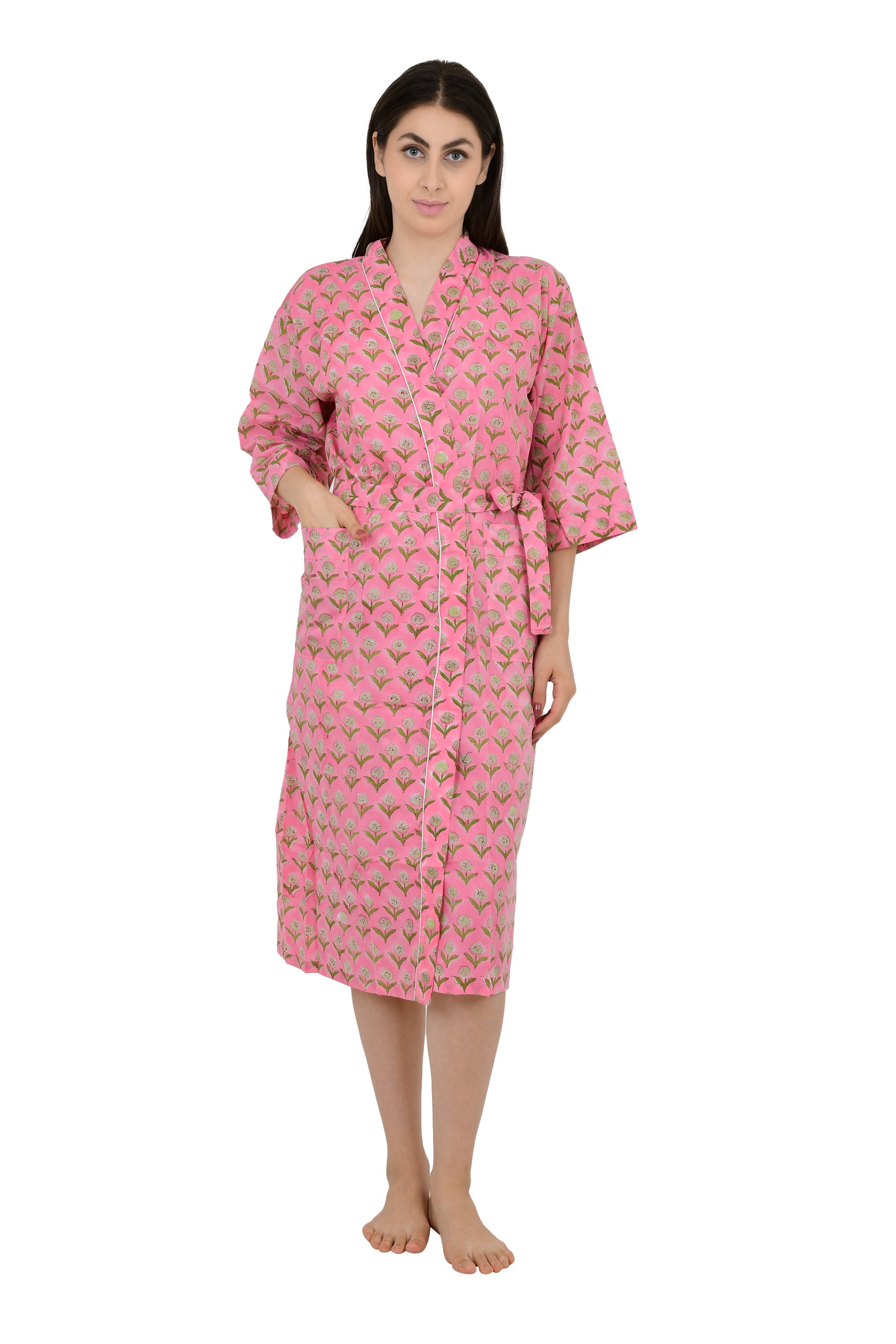 Boho House Robe Indian Handprinted Cotton Kimono Pink Yellow Floral | Perfect for Summer Luxury Beach Holidays Yacht Cover Up Stunning Dress
