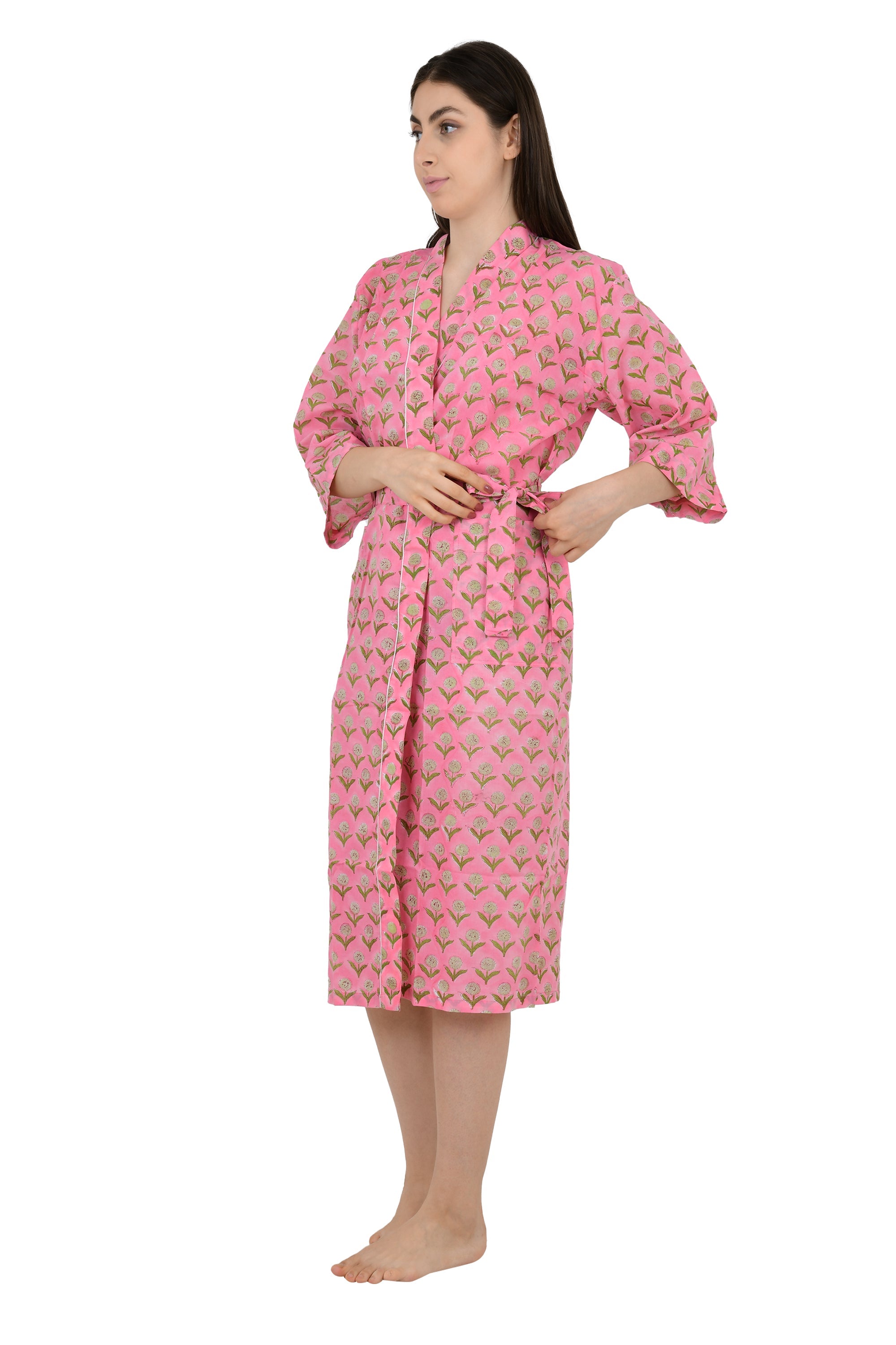Boho House Robe Indian Handprinted Cotton Kimono Pink Yellow Floral | Perfect for Summer Luxury Beach Holidays Yacht Cover Up Stunning Dress