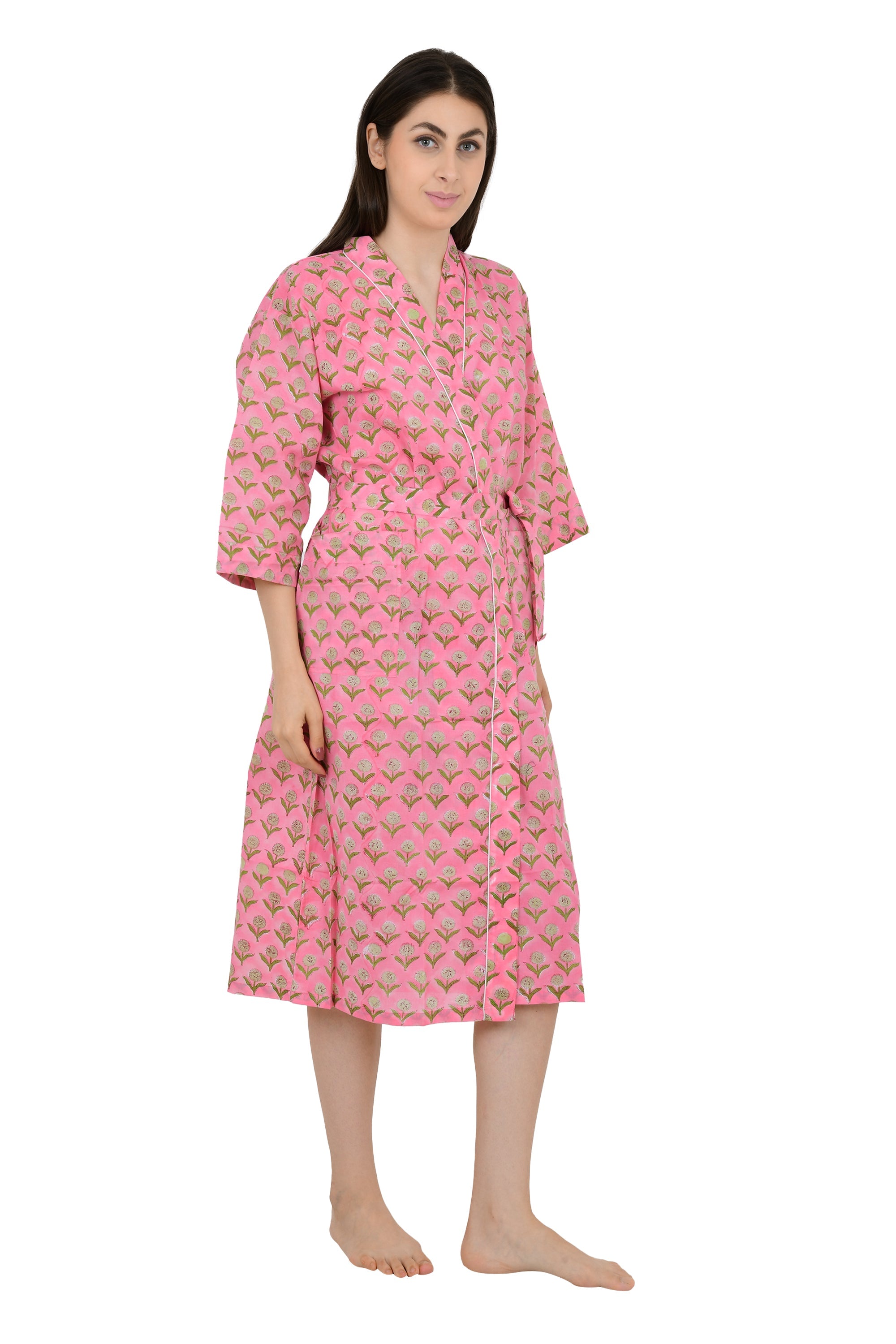 Boho House Robe Indian Handprinted Cotton Kimono Pink Yellow Floral | Perfect for Summer Luxury Beach Holidays Yacht Cover Up Stunning Dress