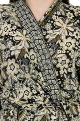 Bohemian New Silk Sari Kimono Women Regal House Beach Robe | Black Beige Floral Luxury Anniversary Birthday Gift For Her