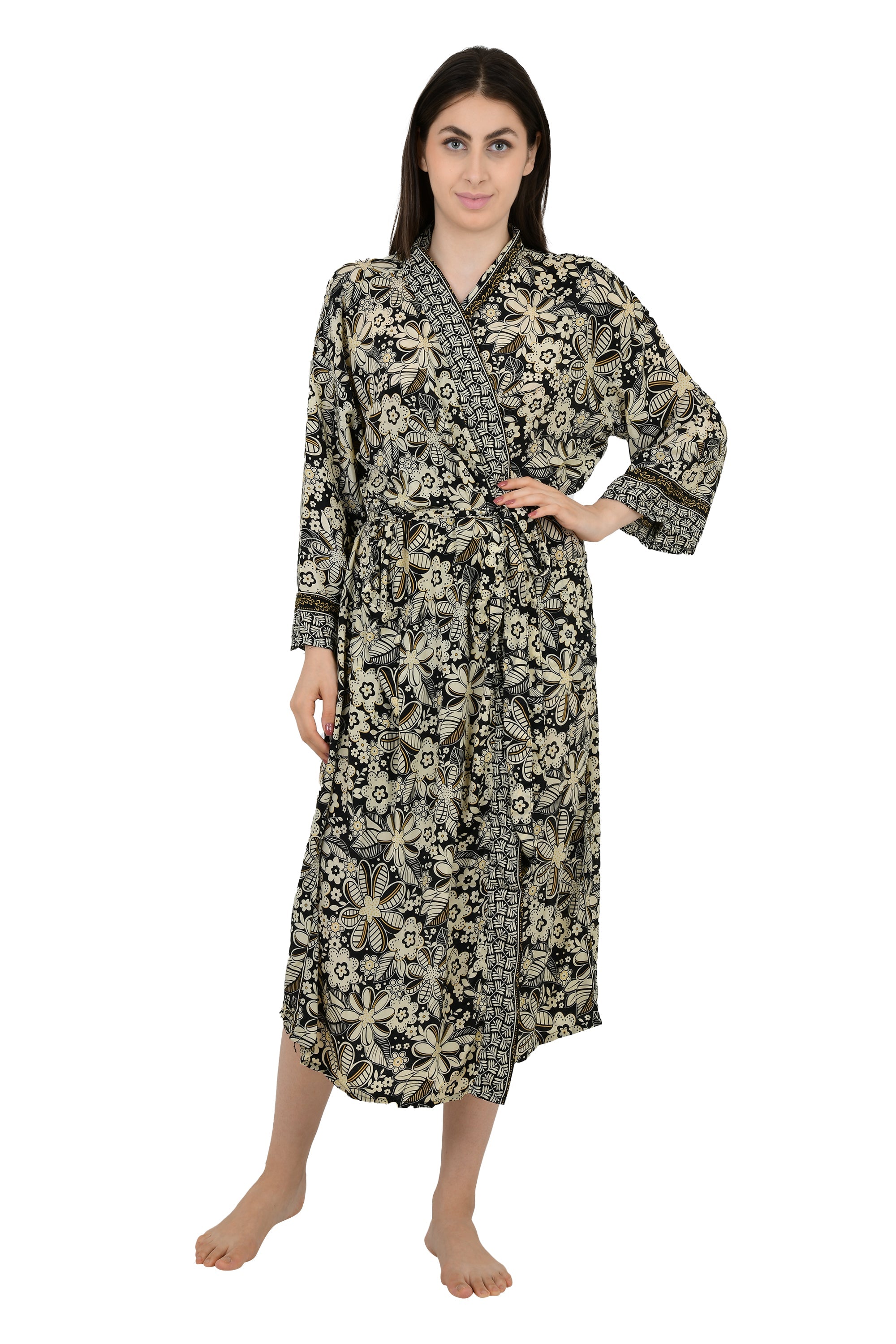 Bohemian New Silk Sari Kimono Women Regal House Beach Robe | Black Beige Floral Luxury Anniversary Birthday Gift For Her