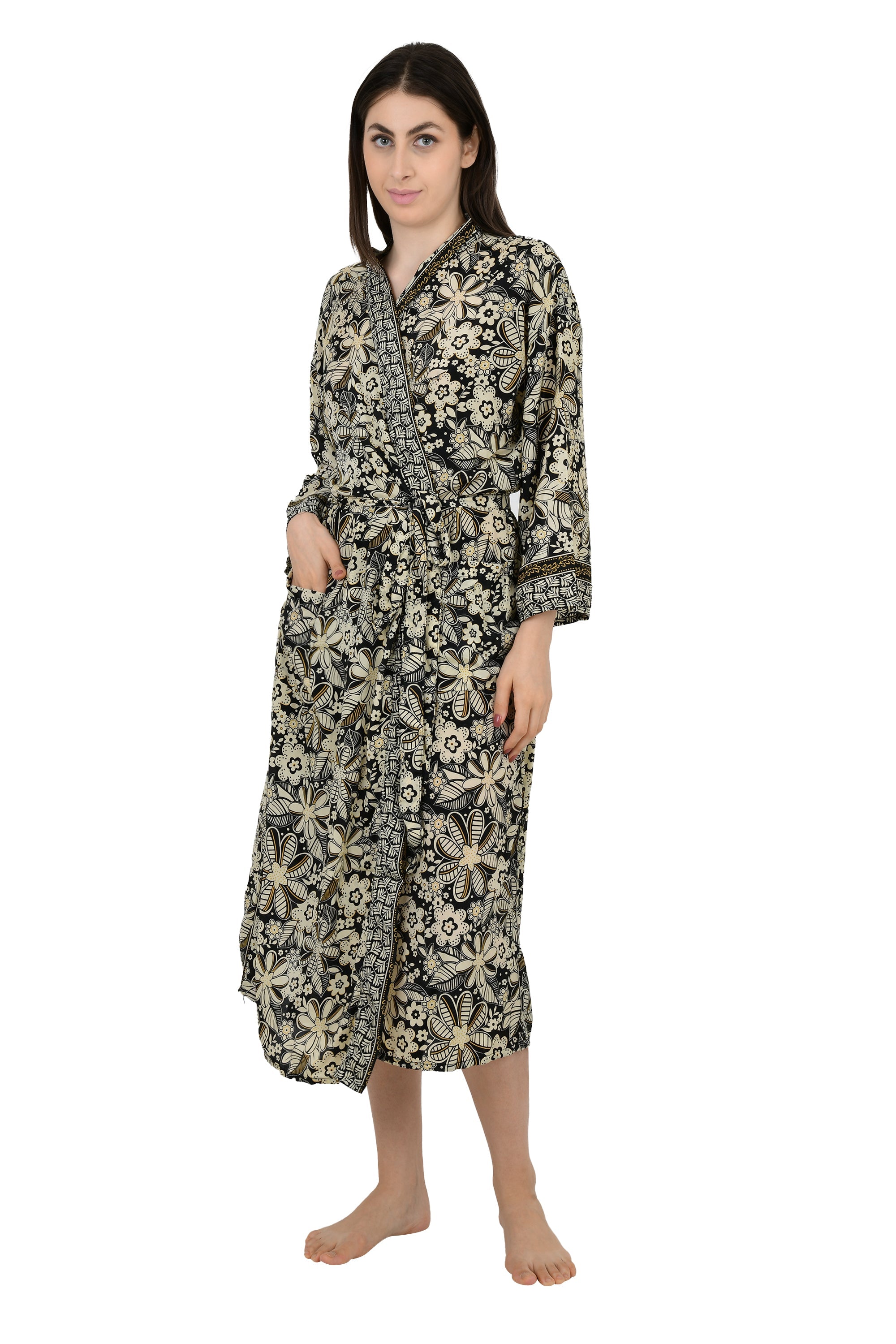 Bohemian New Silk Sari Kimono Women Regal House Beach Robe | Black Beige Floral Luxury Anniversary Birthday Gift For Her