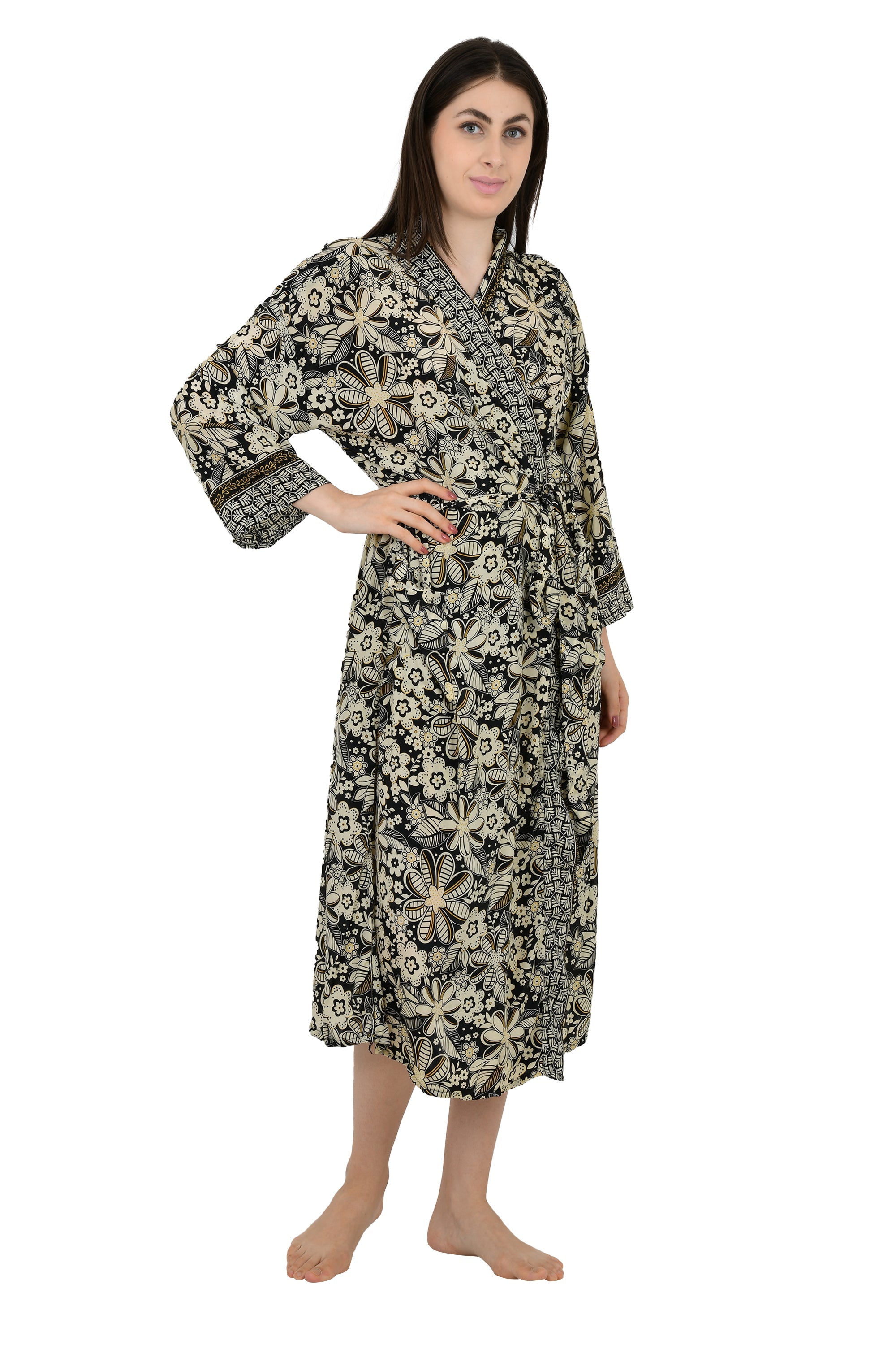Bohemian New Silk Sari Kimono Women Regal House Beach Robe | Black Beige Floral Luxury Anniversary Birthday Gift For Her