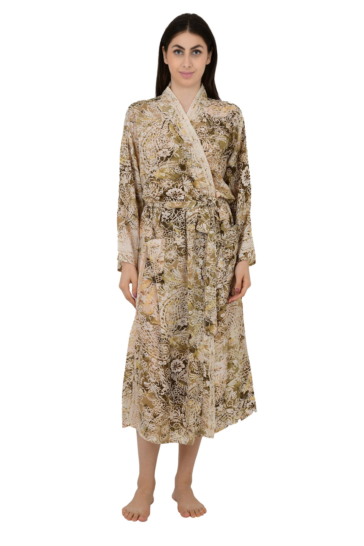 Bohemian New Silk Sari Kimono Women Regal House Beach Robe | Beige Brown Floral Luxury Anniversary Birthday Gift For Her