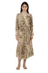 Bohemian New Silk Sari Kimono Women Regal House Beach Robe | Beige Brown Floral Luxury Anniversary Birthday Gift For Her