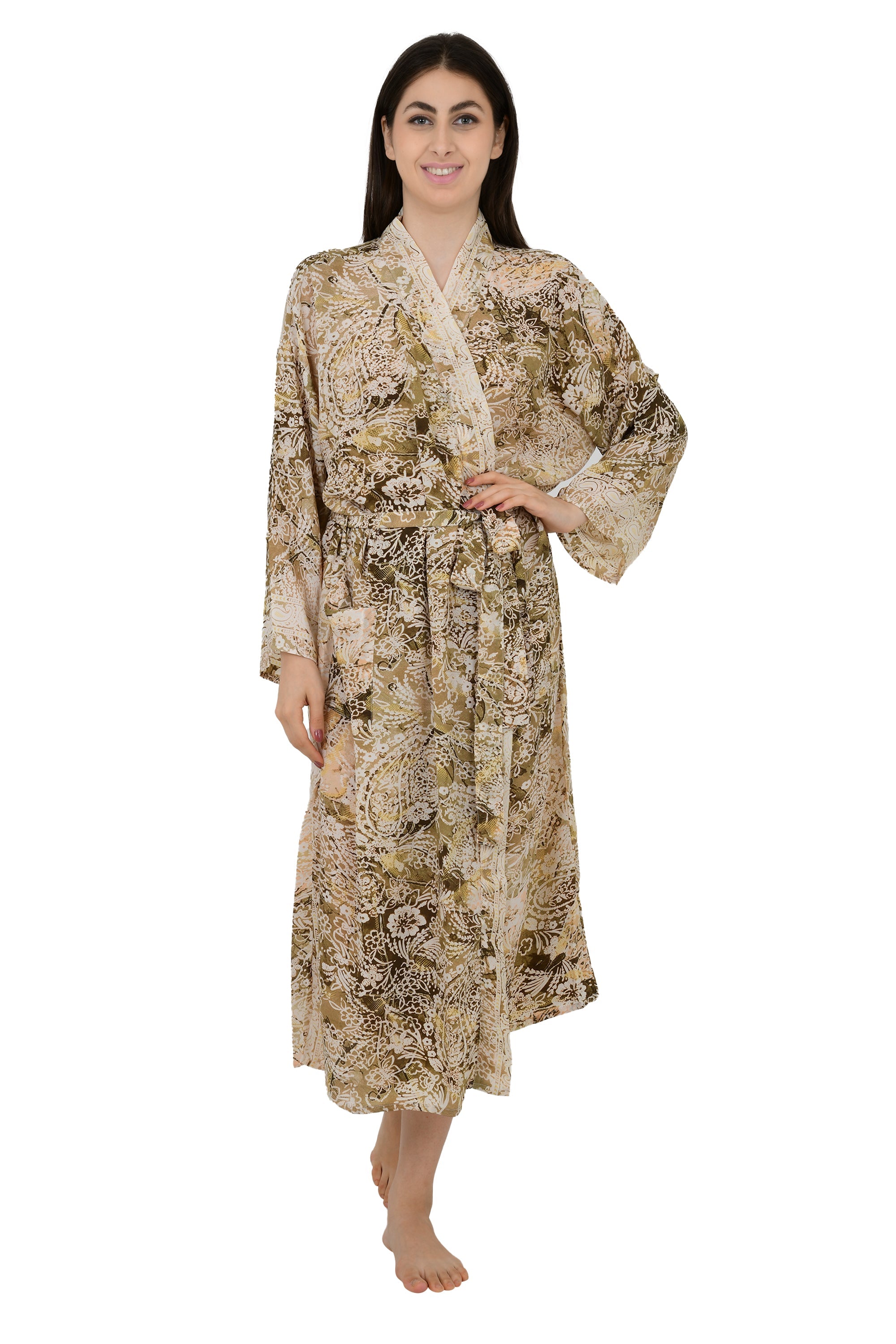 Bohemian New Silk Sari Kimono Women Regal House Beach Robe | Beige Brown Floral Luxury Anniversary Birthday Gift For Her