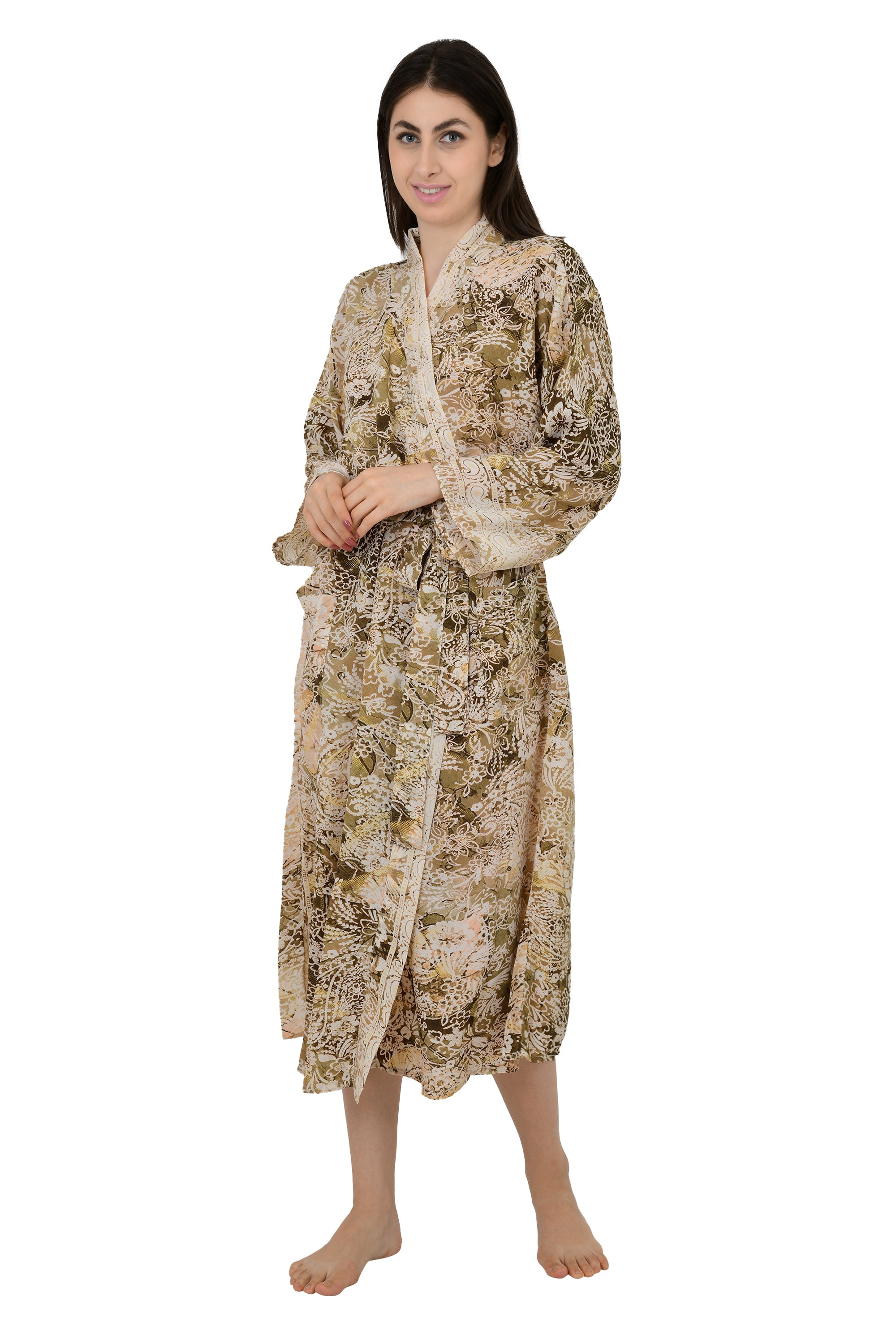 Bohemian New Silk Sari Kimono Women Regal House Beach Robe | Beige Brown Floral Luxury Anniversary Birthday Gift For Her
