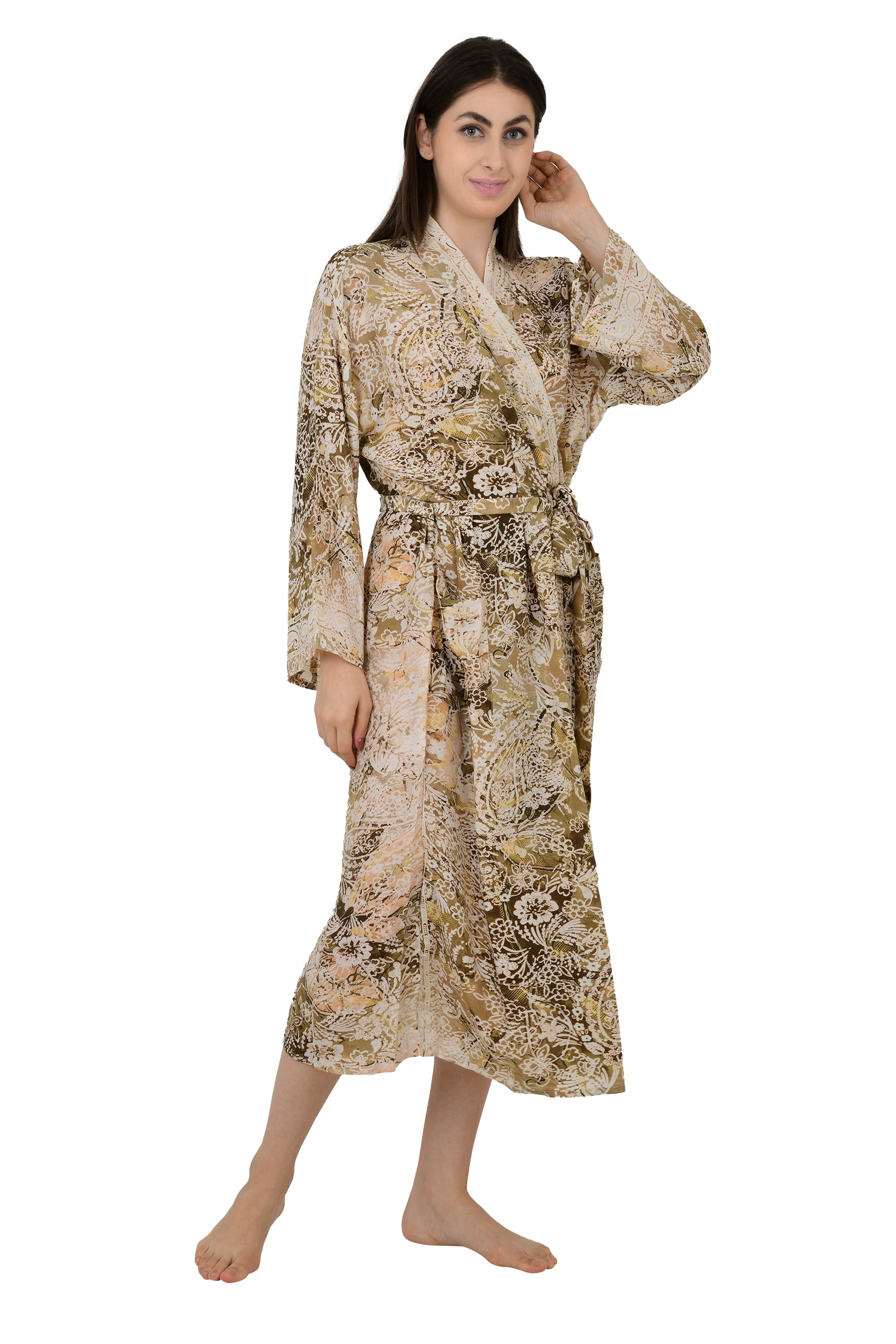 Bohemian New Silk Sari Kimono Women Regal House Beach Robe | Beige Brown Floral Luxury Anniversary Birthday Gift For Her