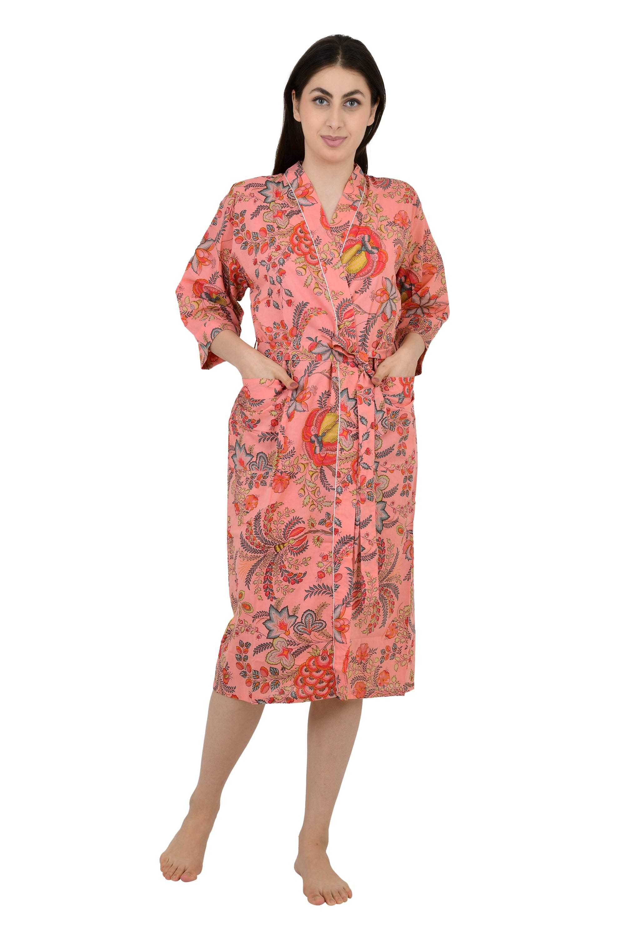 Pure Cotton Kimono Indian Handprinted Boho House Robe Summer Dress | Peach Red Floral Beach Cover Up Wear | Christmas Present, Gift For Her