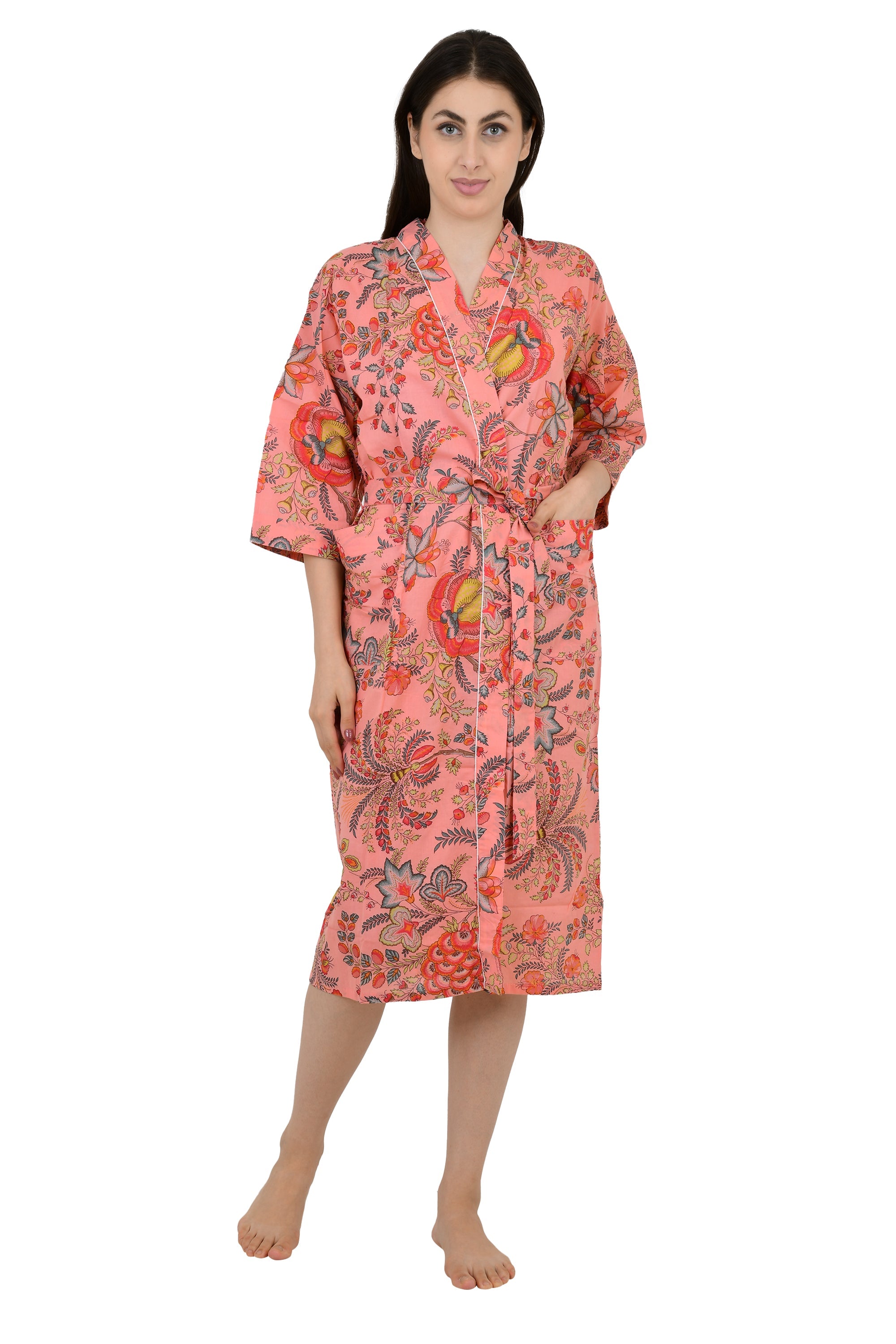 Pure Cotton Kimono Indian Handprinted Boho House Robe Summer Dress | Peach Red Floral Beach Cover Up Wear | Christmas Present, Gift For Her
