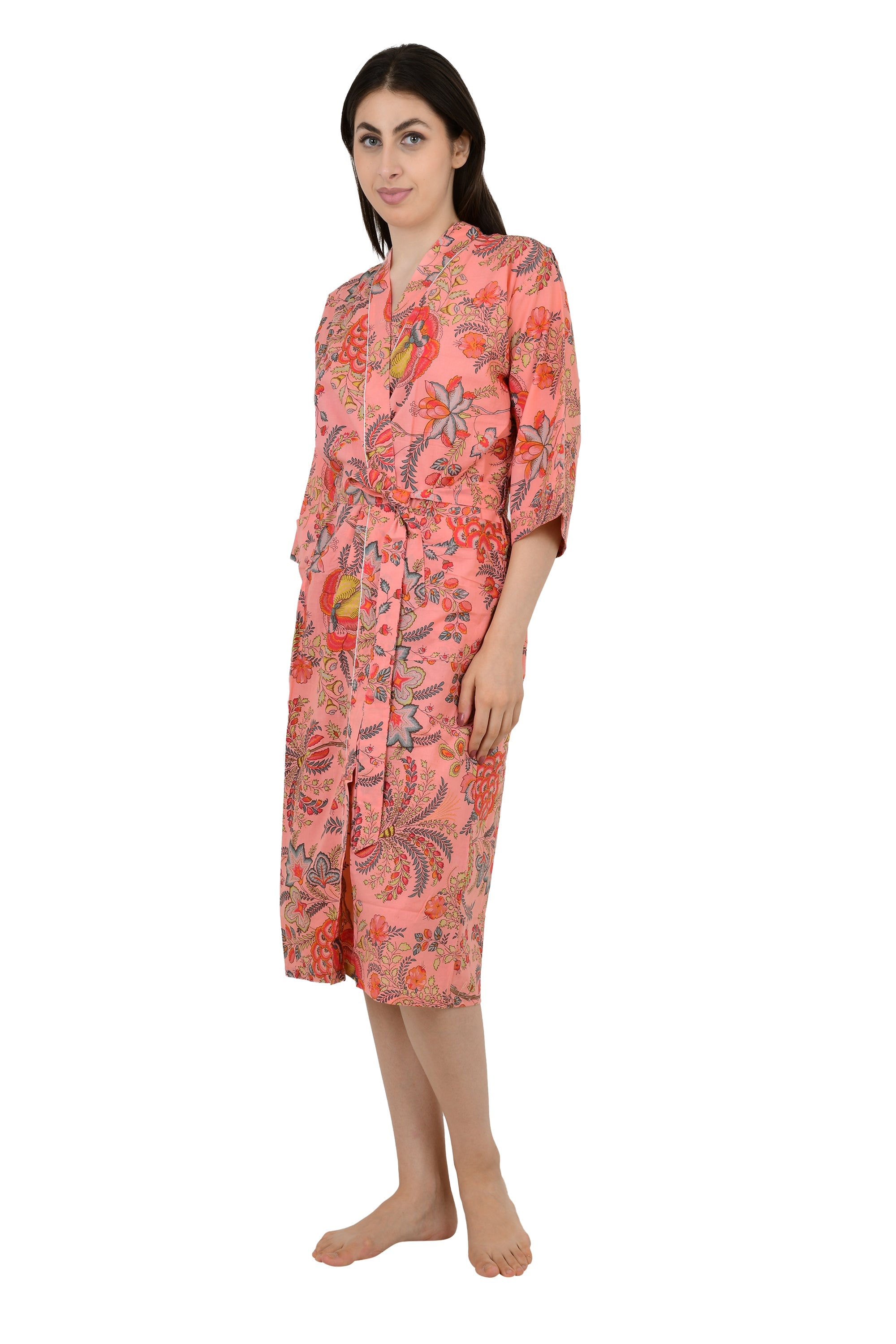 Pure Cotton Kimono Indian Handprinted Boho House Robe Summer Dress | Peach Red Floral Beach Cover Up Wear | Christmas Present, Gift For Her