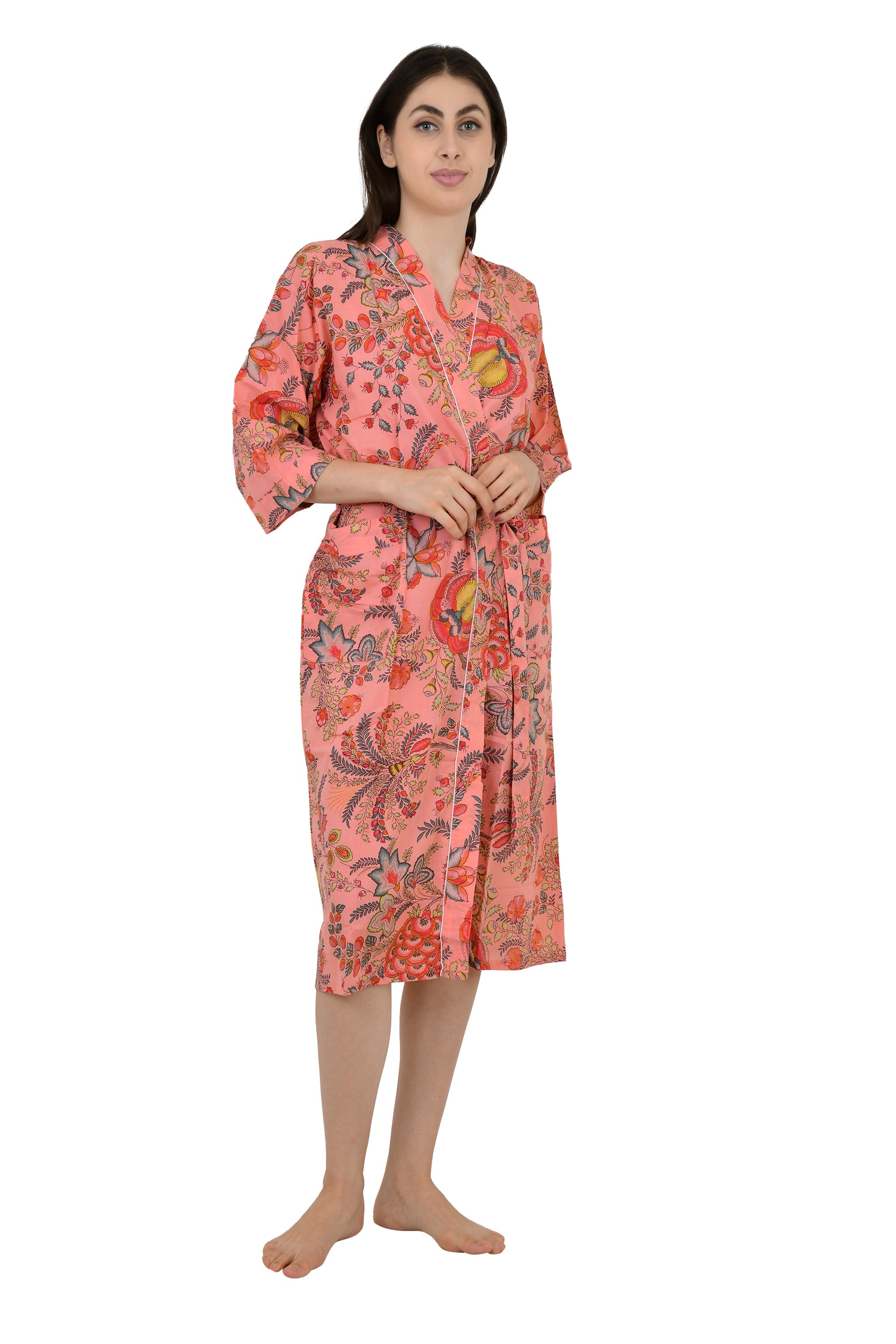 Pure Cotton Kimono Indian Handprinted Boho House Robe Summer Dress | Peach Red Floral Beach Cover Up Wear | Christmas Present, Gift For Her