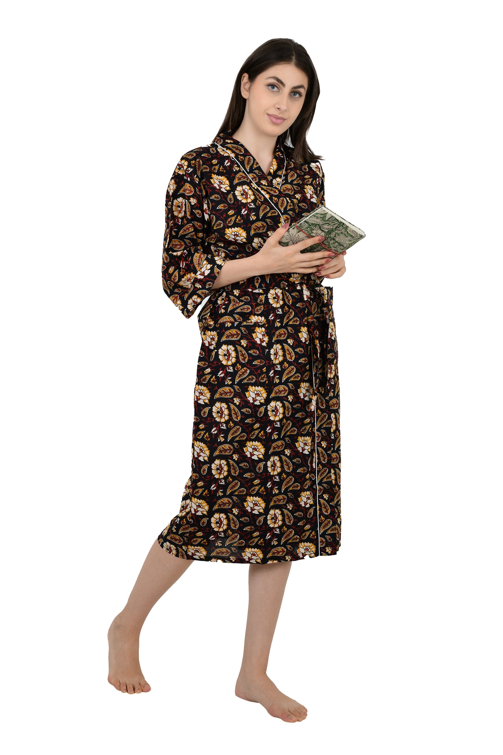 Pure Cotton Kimono Indian Handprinted Boho House Robe Summer Dress, Black Saffron Floral Botanical Garden Beach Coverup Maternity Mom Bridal