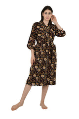 Pure Cotton Kimono Indian Handprinted Boho House Robe Summer Dress, Black Saffron Floral Botanical Garden Beach Coverup Maternity Mom Bridal