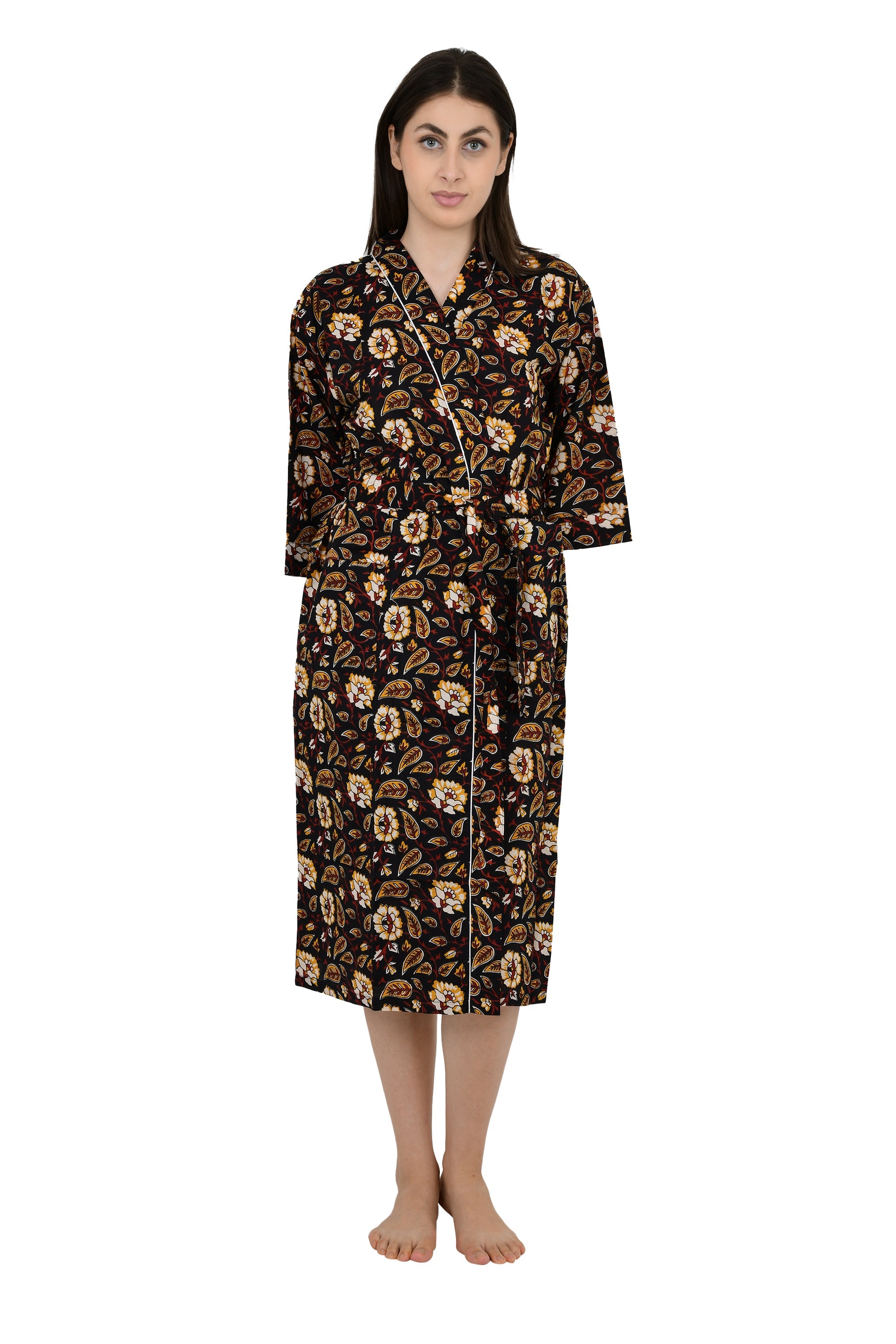 Pure Cotton Kimono Indian Handprinted Boho House Robe Summer Dress, Black Saffron Floral Botanical Garden Beach Coverup Maternity Mom Bridal