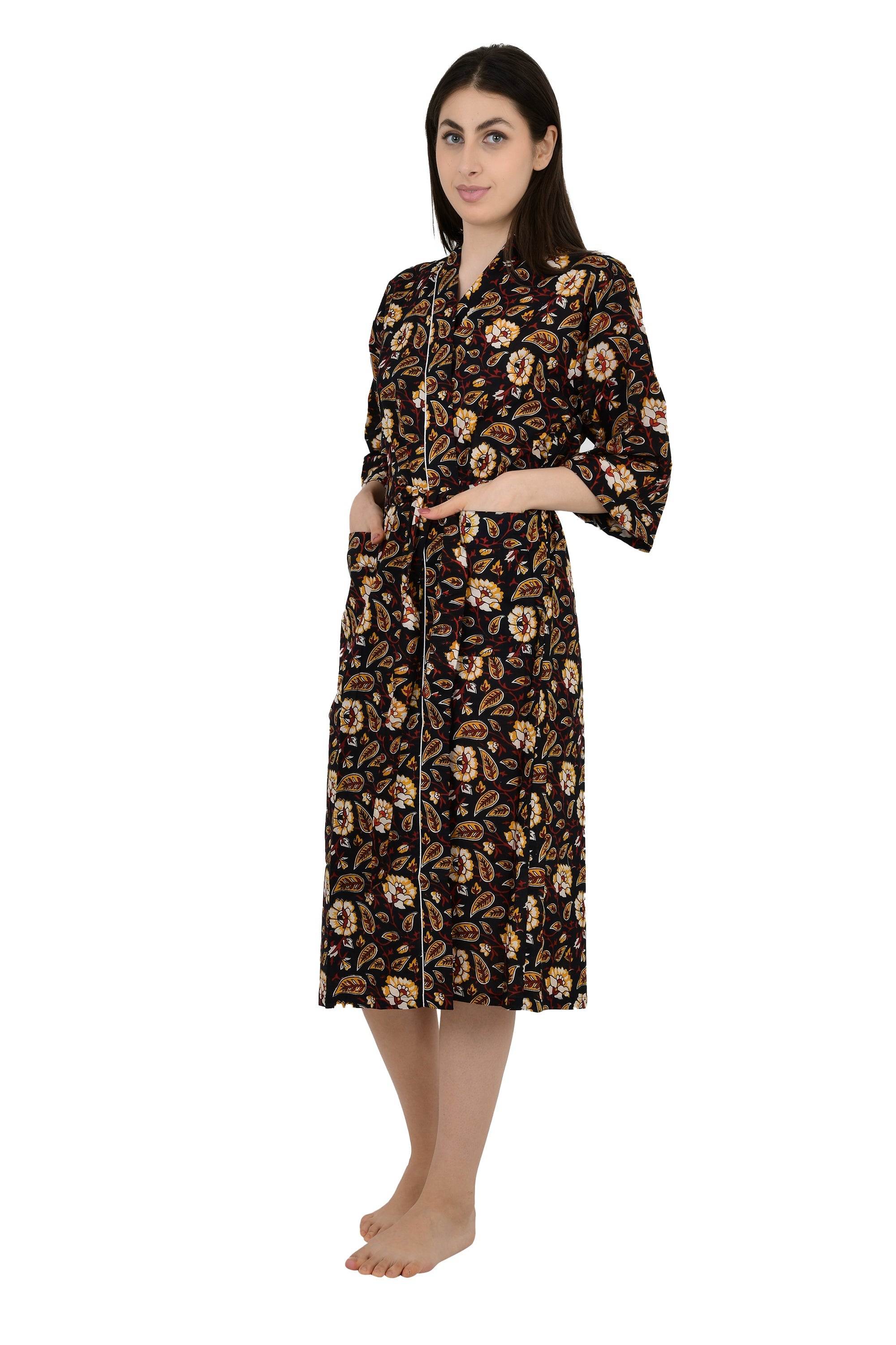 Pure Cotton Kimono Indian Handprinted Boho House Robe Summer Dress, Black Saffron Floral Botanical Garden Beach Coverup Maternity Mom Bridal