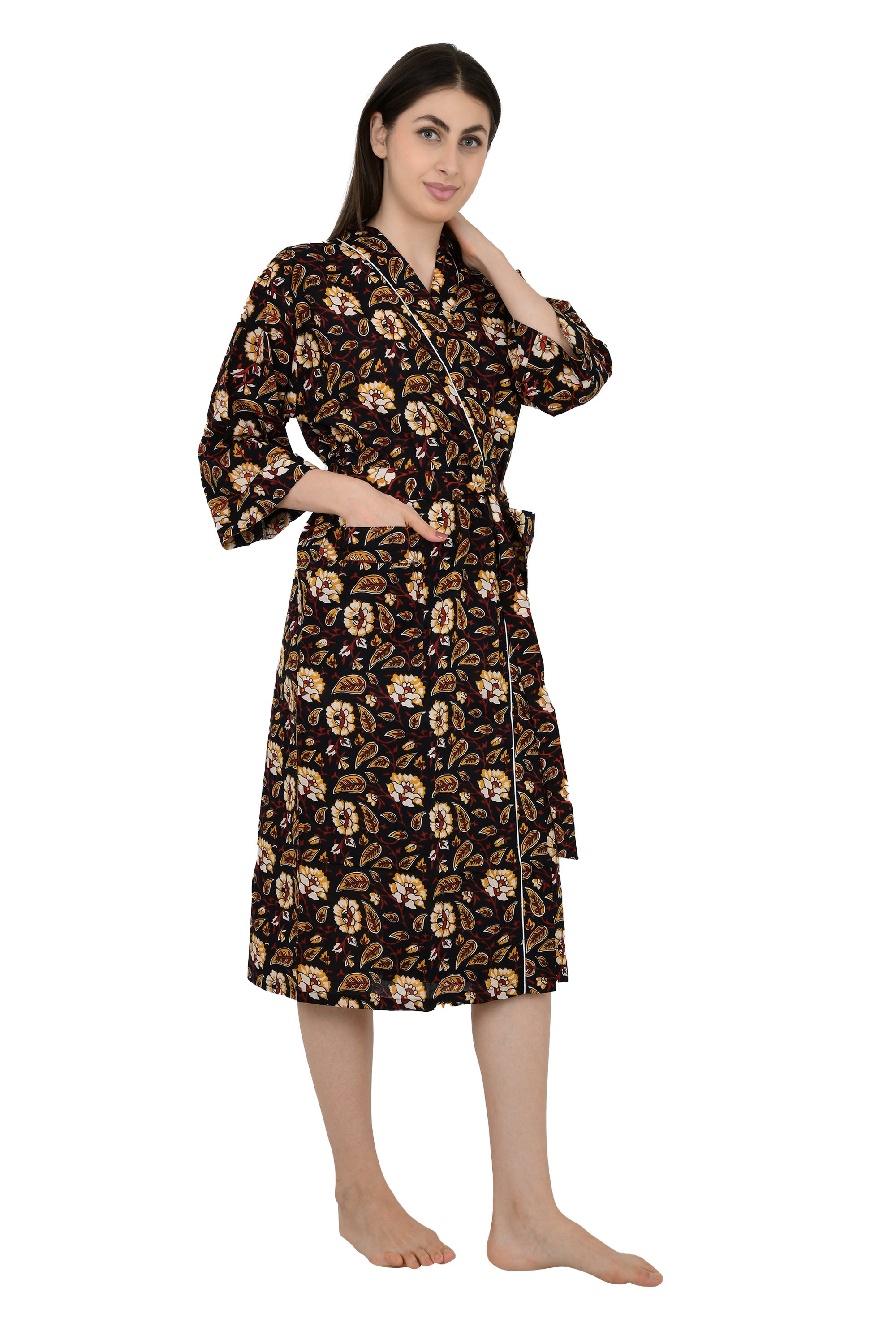 Pure Cotton Kimono Indian Handprinted Boho House Robe Summer Dress, Black Saffron Floral Botanical Garden Beach Coverup Maternity Mom Bridal