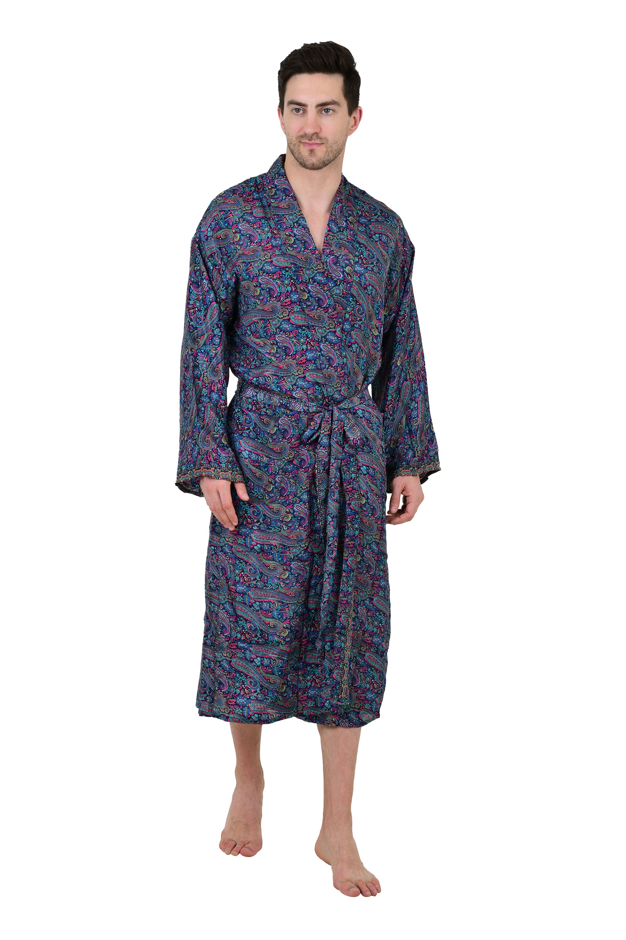 Men's Boho Silk Kimono Robe: Persian Paisley, Elegant Blue & Pink