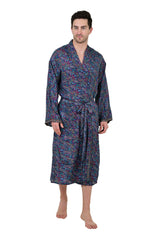 Men's Boho Silk Kimono Robe: Persian Paisley, Elegant Blue & Pink