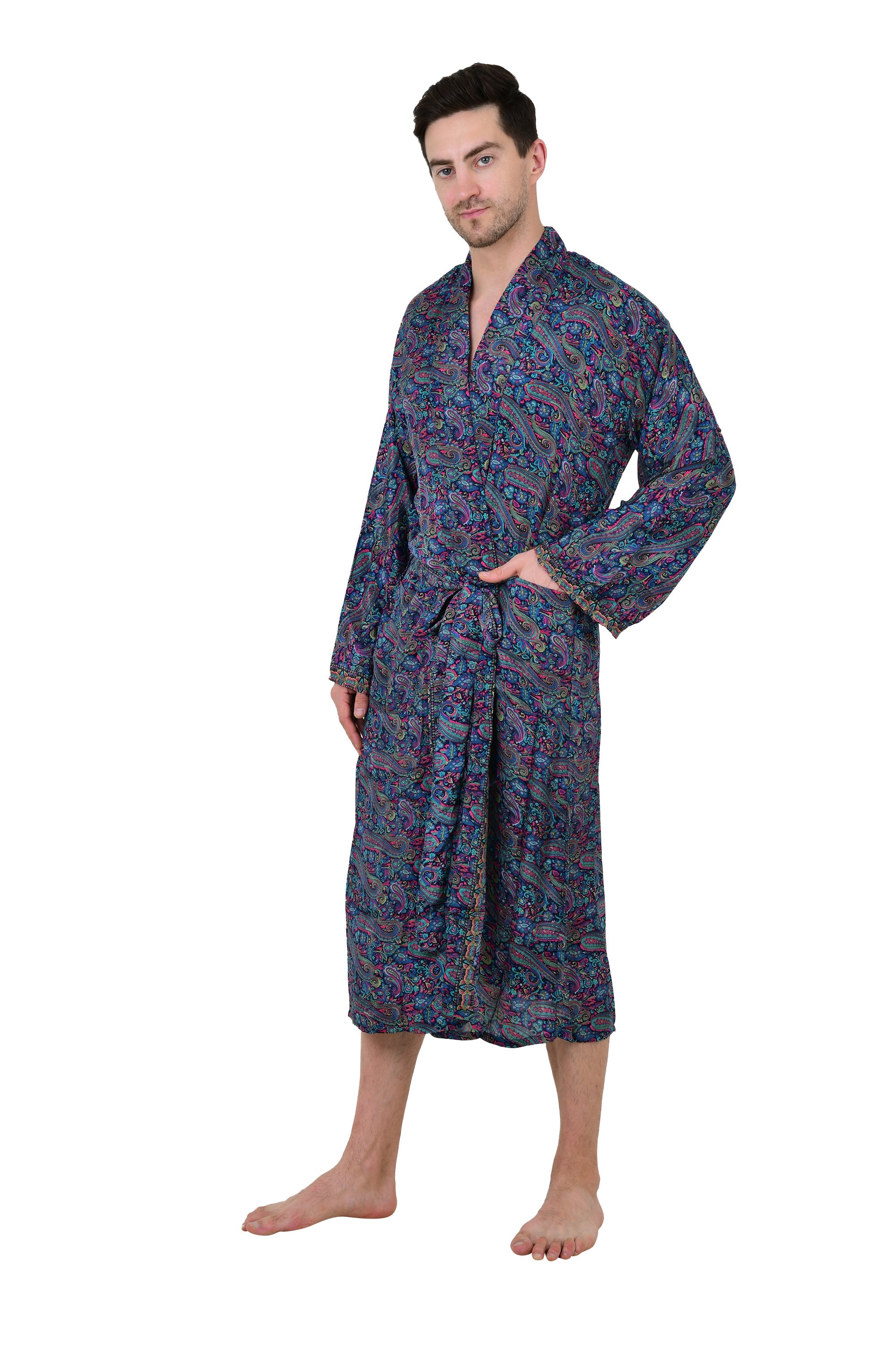 Men's Boho Silk Kimono Robe: Persian Paisley, Elegant Blue & Pink