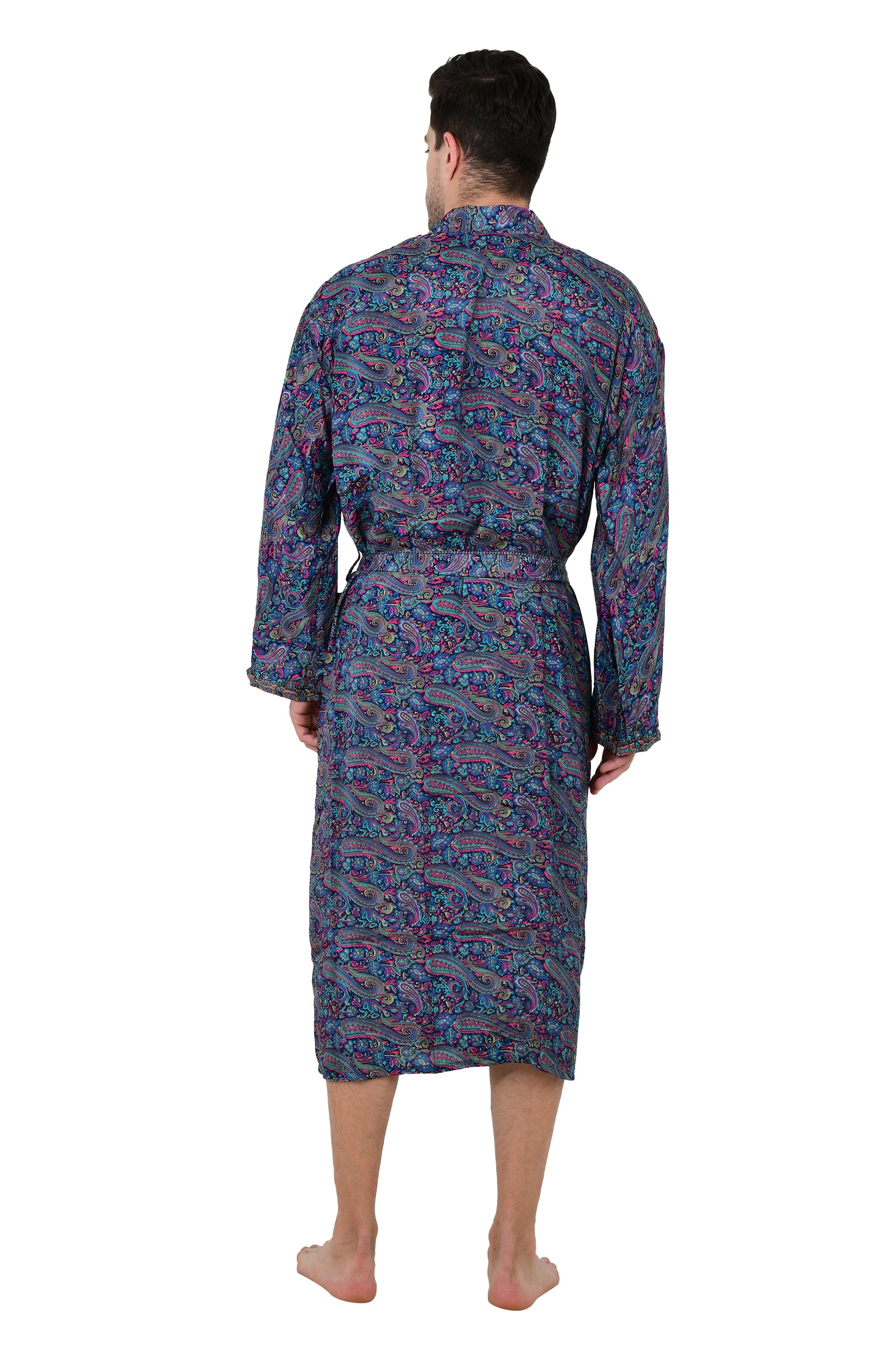 Men's Boho Silk Kimono Robe: Persian Paisley, Elegant Blue & Pink