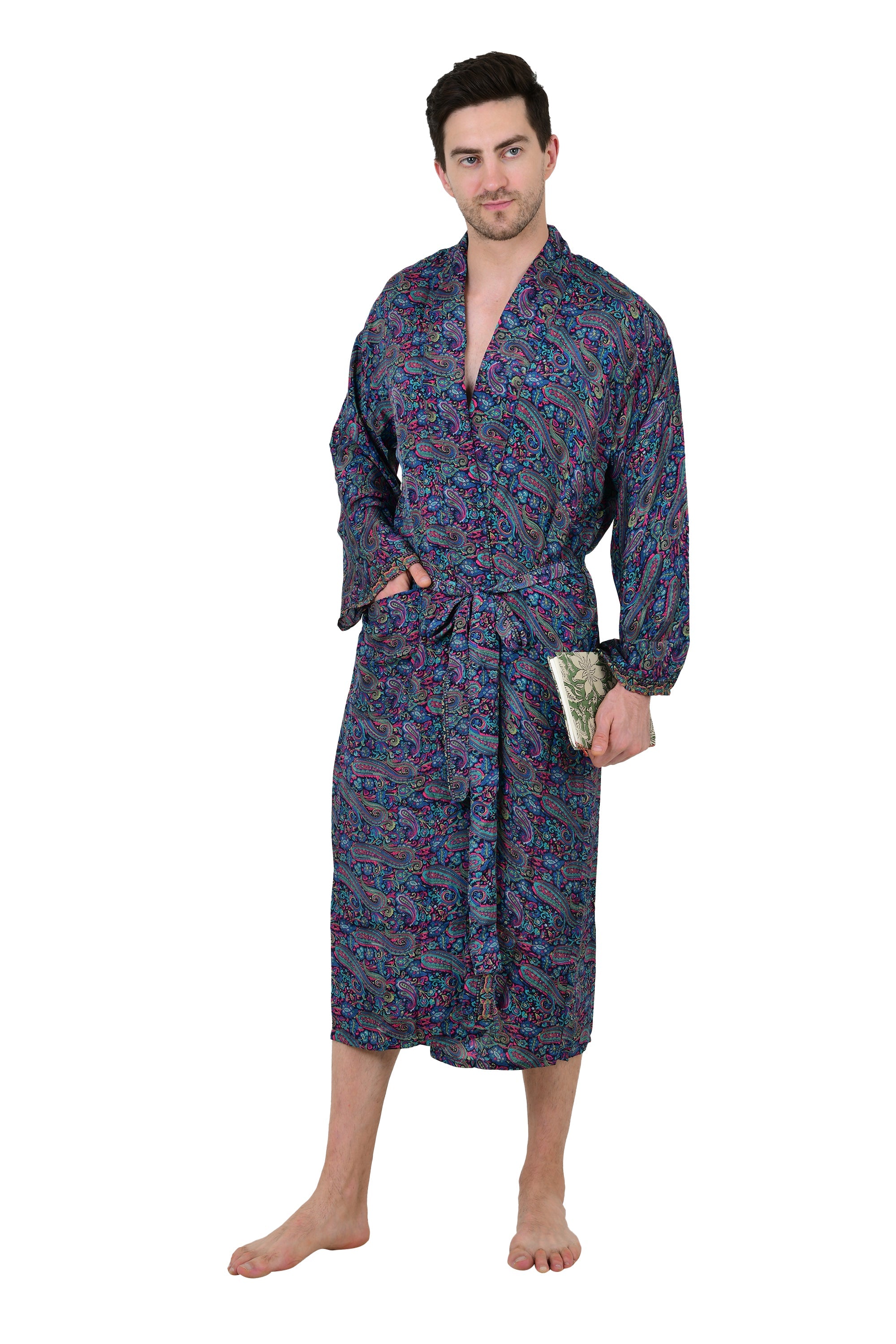 Men's Boho Silk Kimono Robe: Persian Paisley, Elegant Blue & Pink