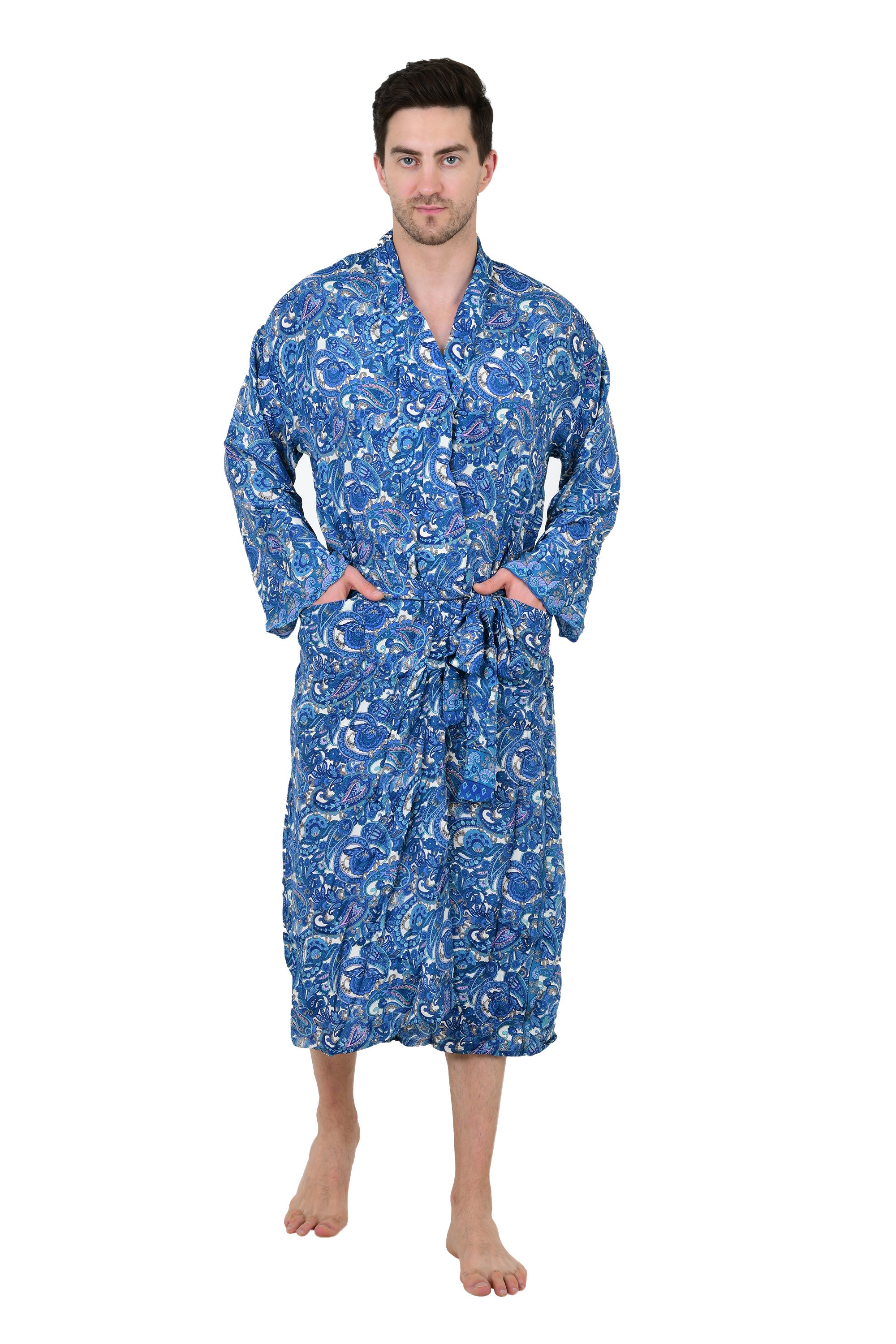 Boho Men's Soft Silk Kimono, Man Regal House Beach Robe, Persian King Paisley Elegant Blue Yellow Hues
