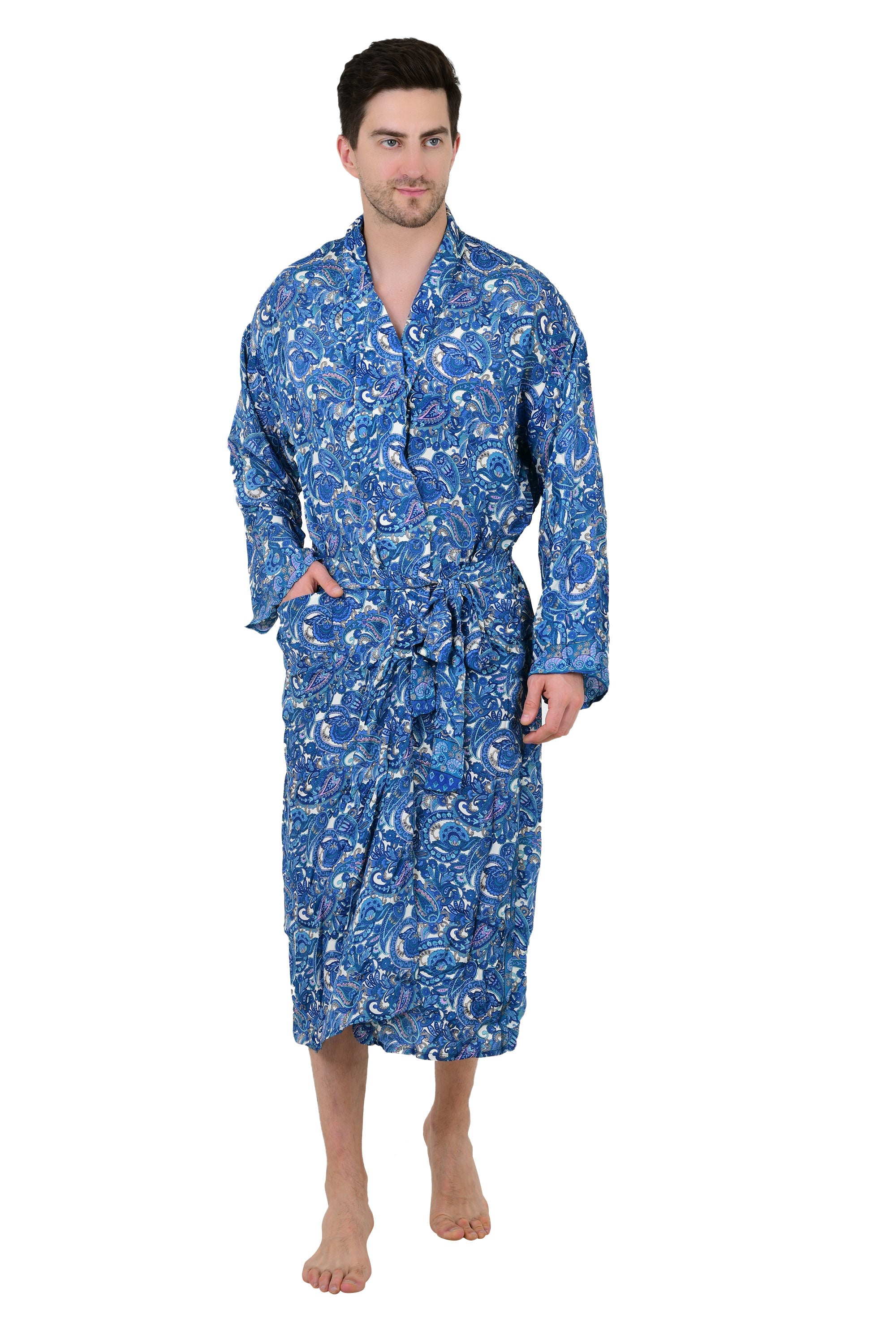 Boho Men's Soft Silk Kimono, Man Regal House Beach Robe, Persian King Paisley Elegant Blue Yellow Hues