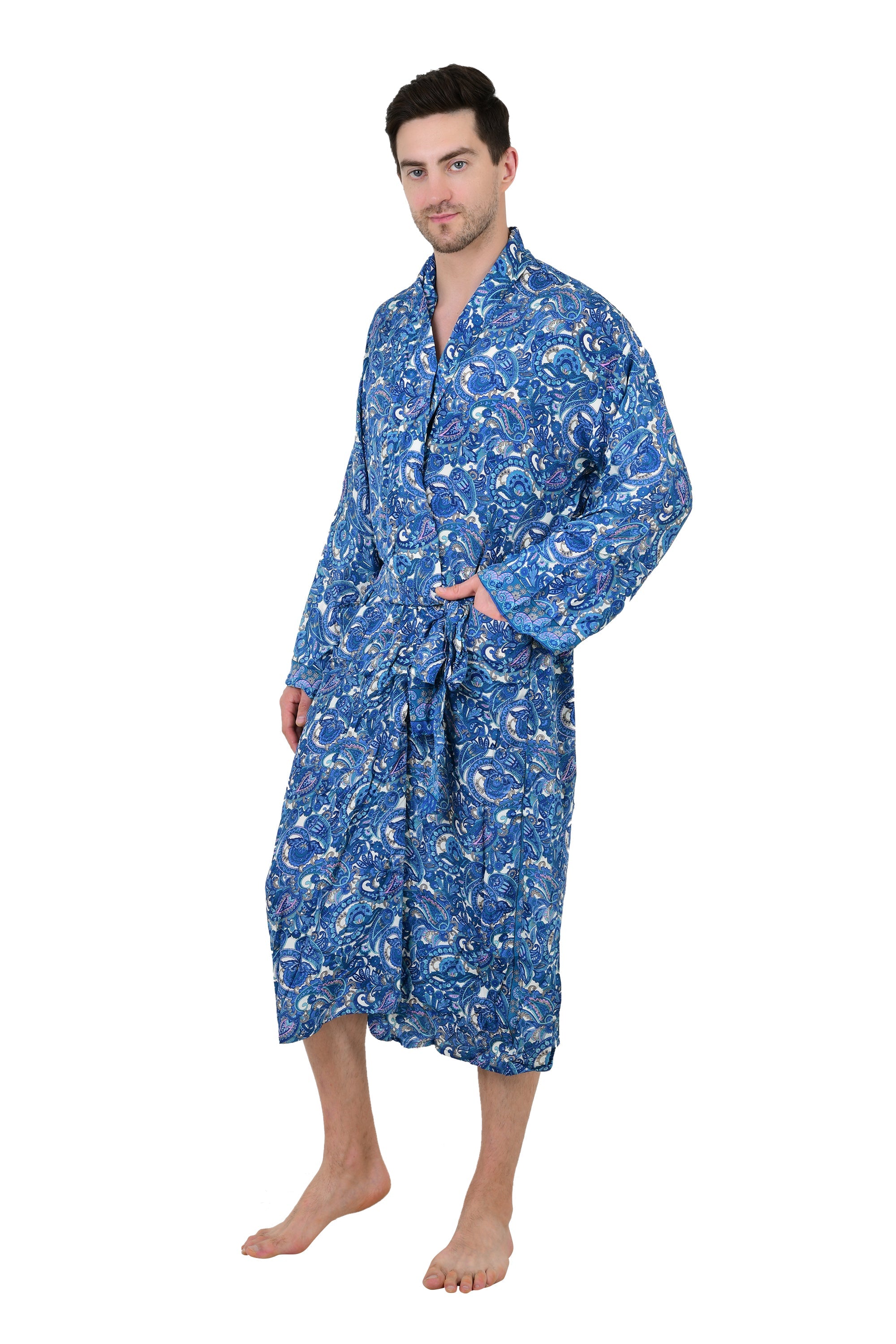 Boho Men's Soft Silk Kimono, Man Regal House Beach Robe, Persian King Paisley Elegant Blue Yellow Hues