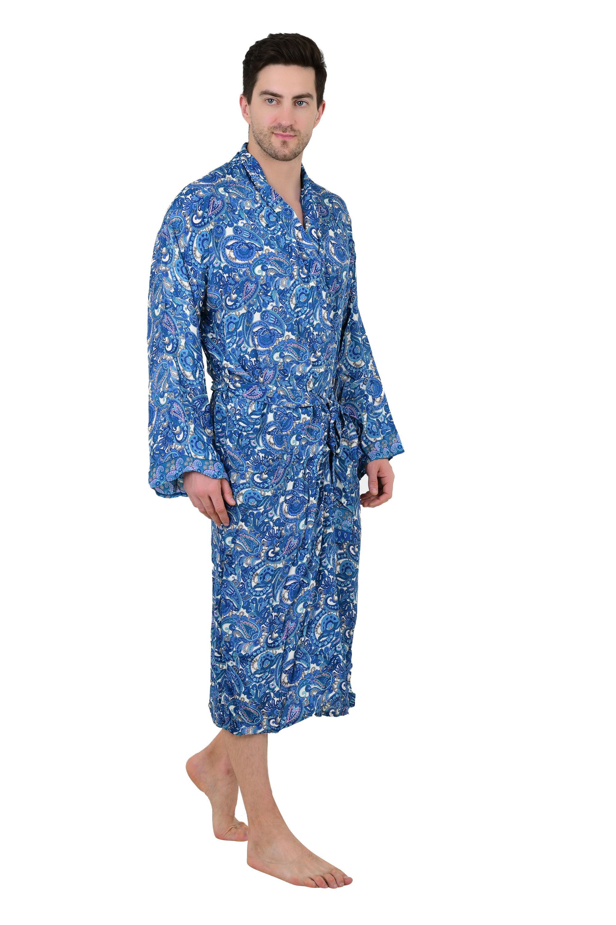 Boho Men's Soft Silk Kimono, Man Regal House Beach Robe, Persian King Paisley Elegant Blue Yellow Hues